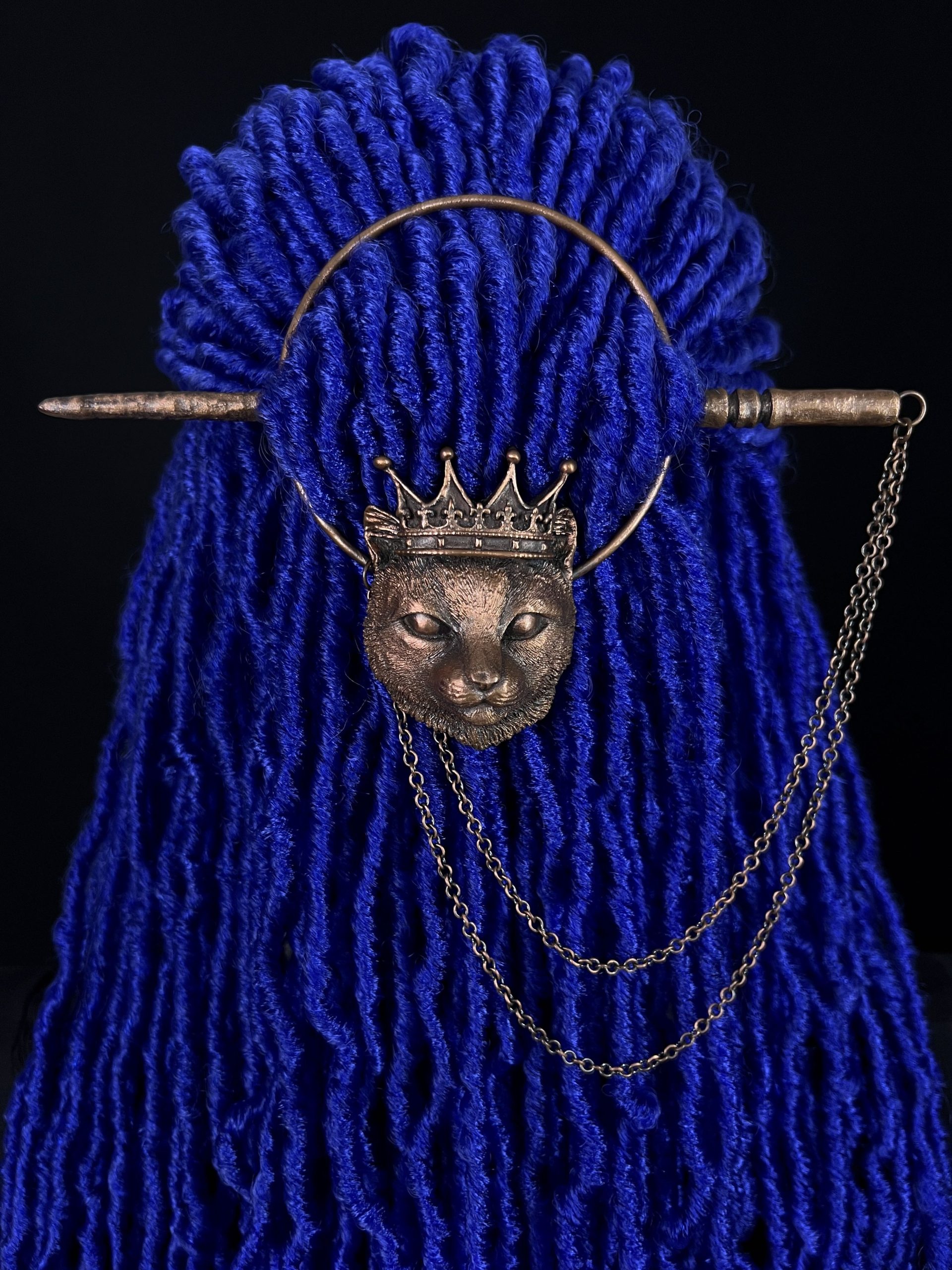 cat shape circle copper hairpin with stick and chain made for dreadlocks, dreads, locs and braids