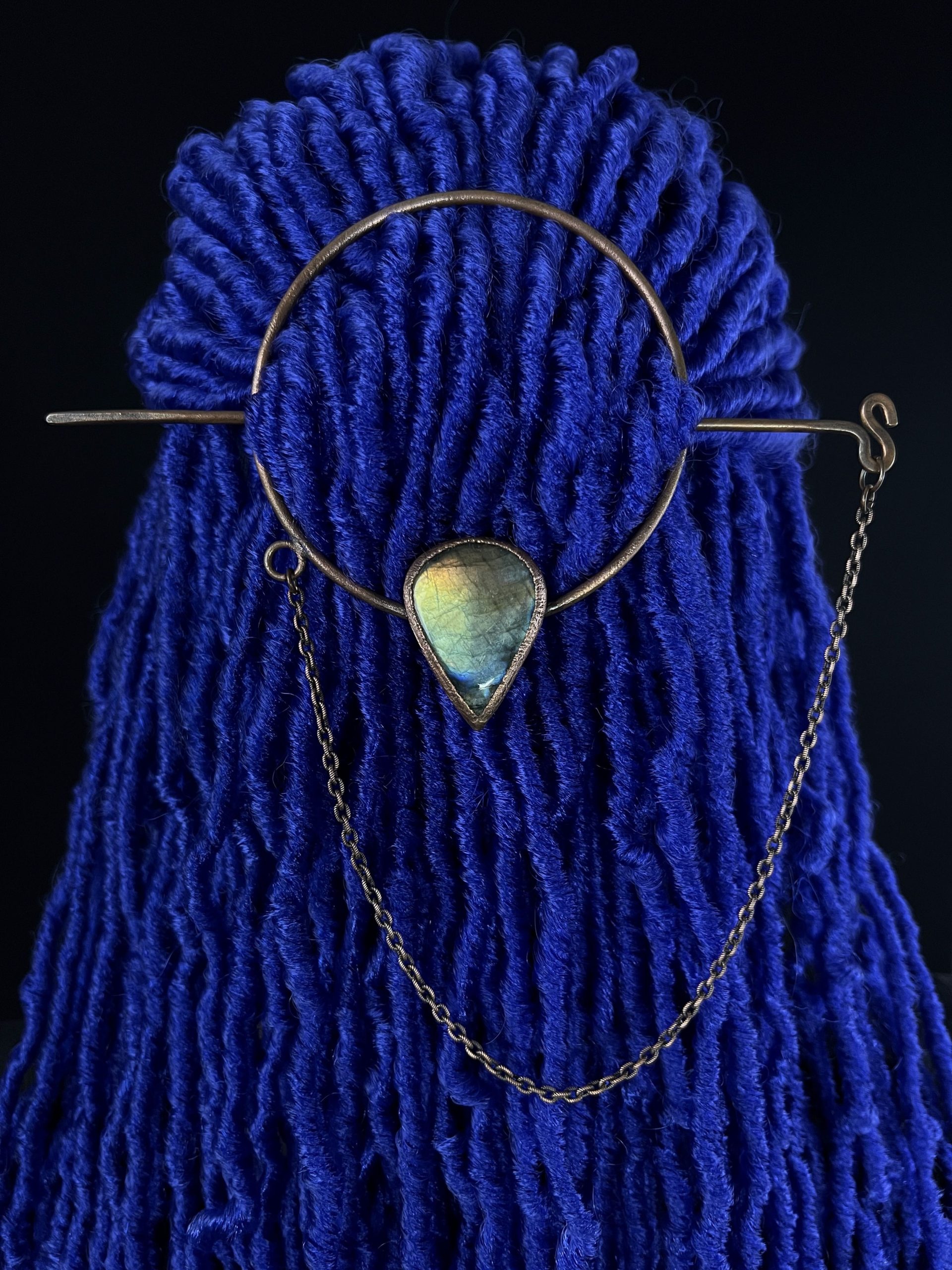 circle copper hairpin with labradorite gemstone, stick and chain made for dreadlocks, dreads, locs and braids
