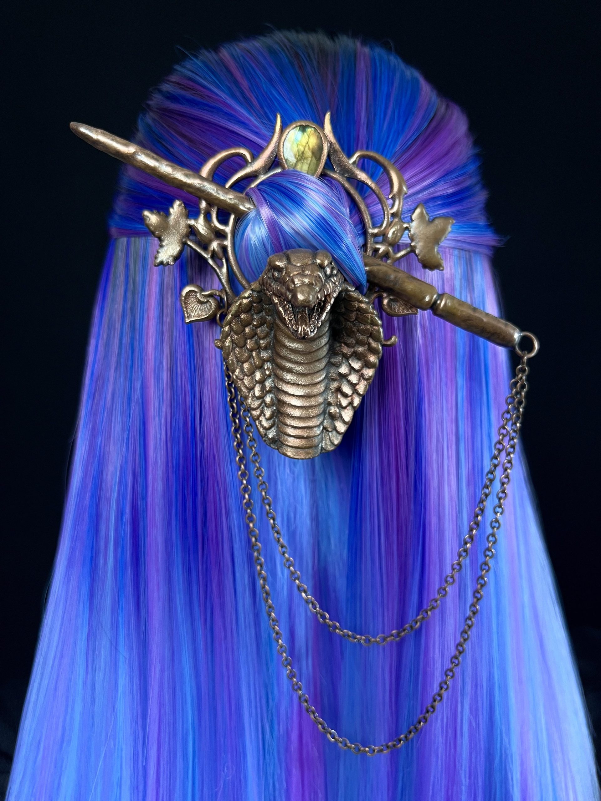 Handmade copper hair pin (hair clip) with snake design, labradorite gemstone, hair stick and chain. Created for hair, dreads, locs and box braids