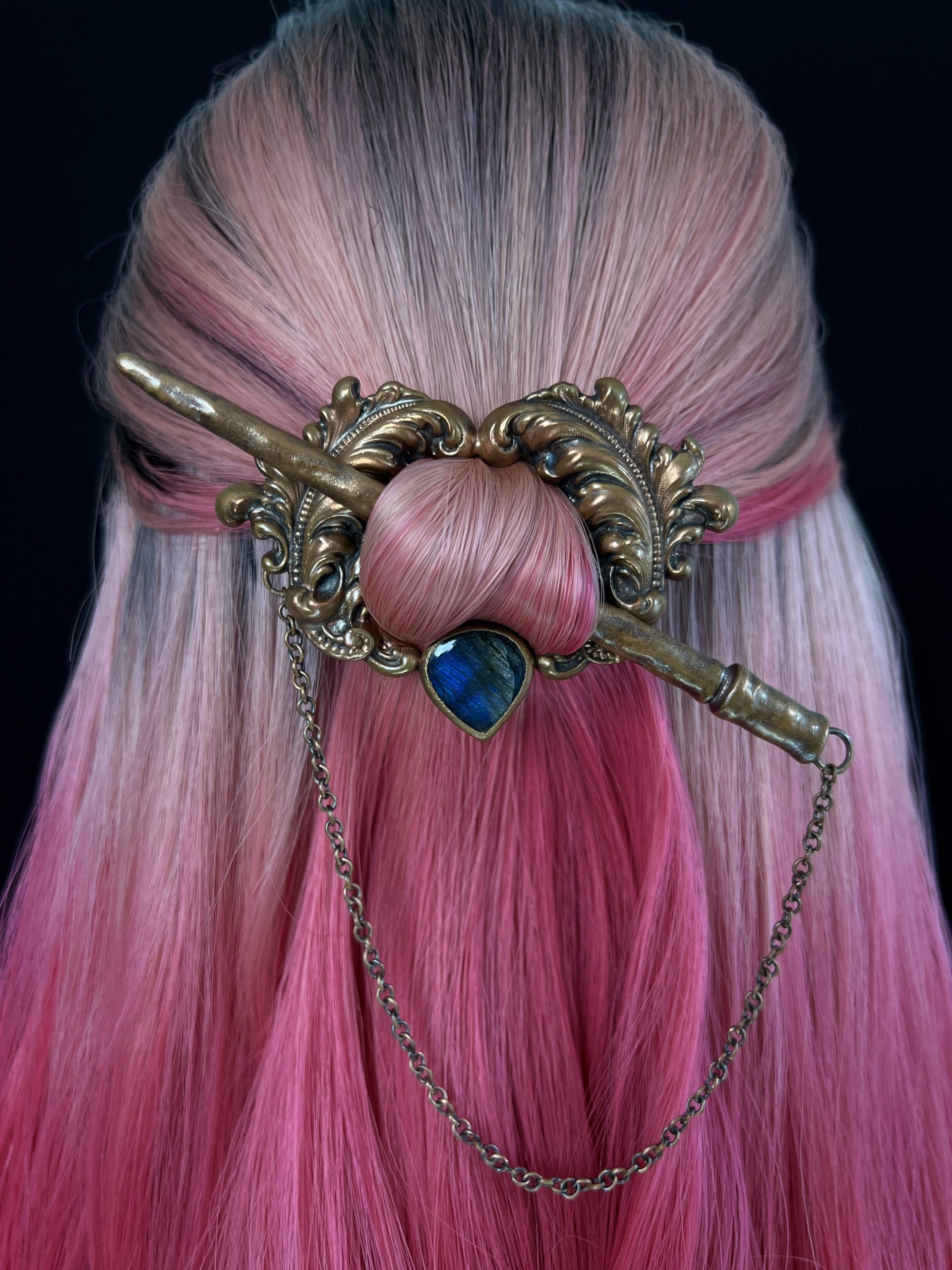 Fantasy style copper hairpin (hair clip) with labradorite crystal, hair stick and chain