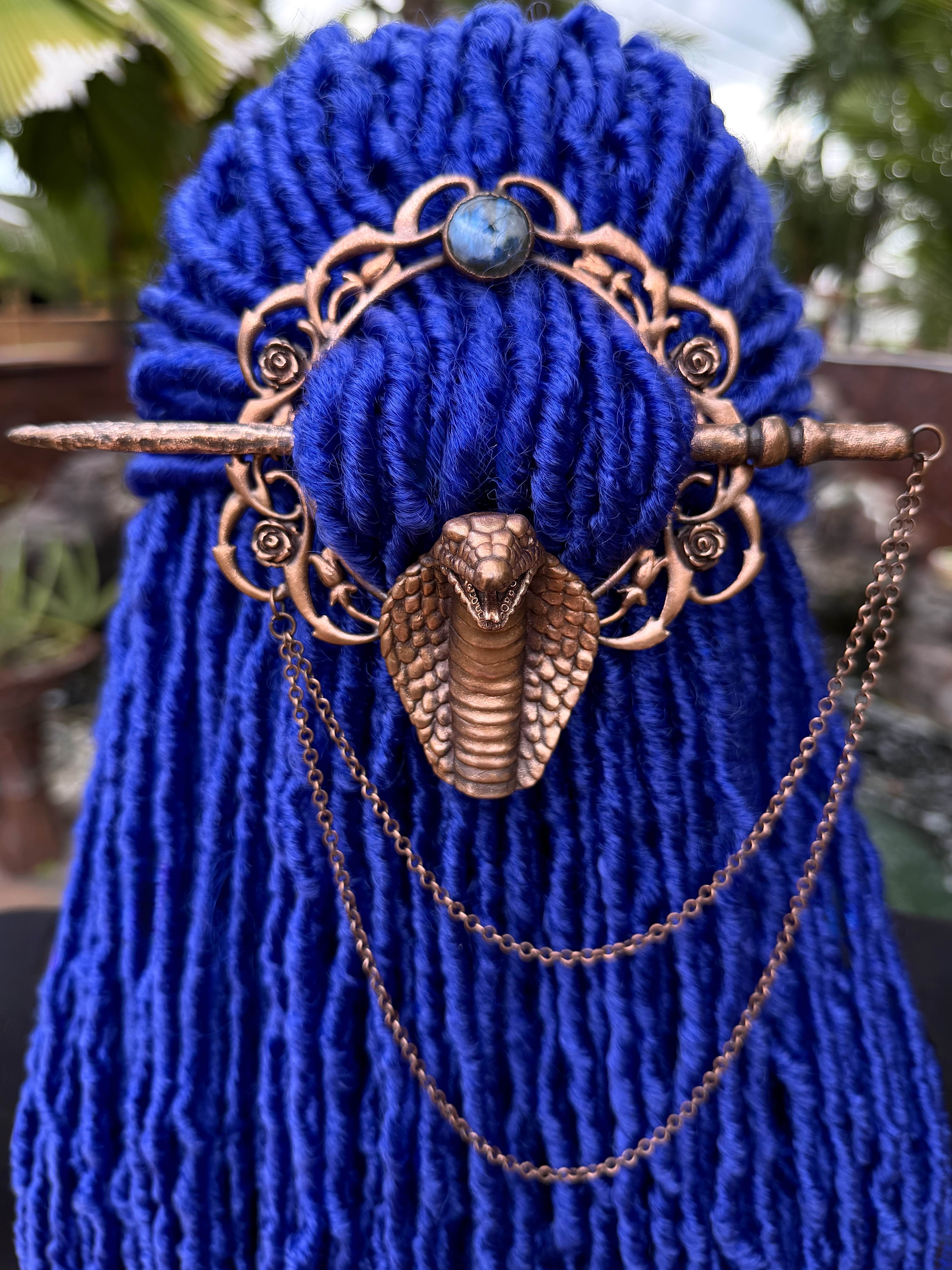 Dreadlock jewelry, dread hair pin, loc accessories with snake design, labradorite gemstone, stick and chain