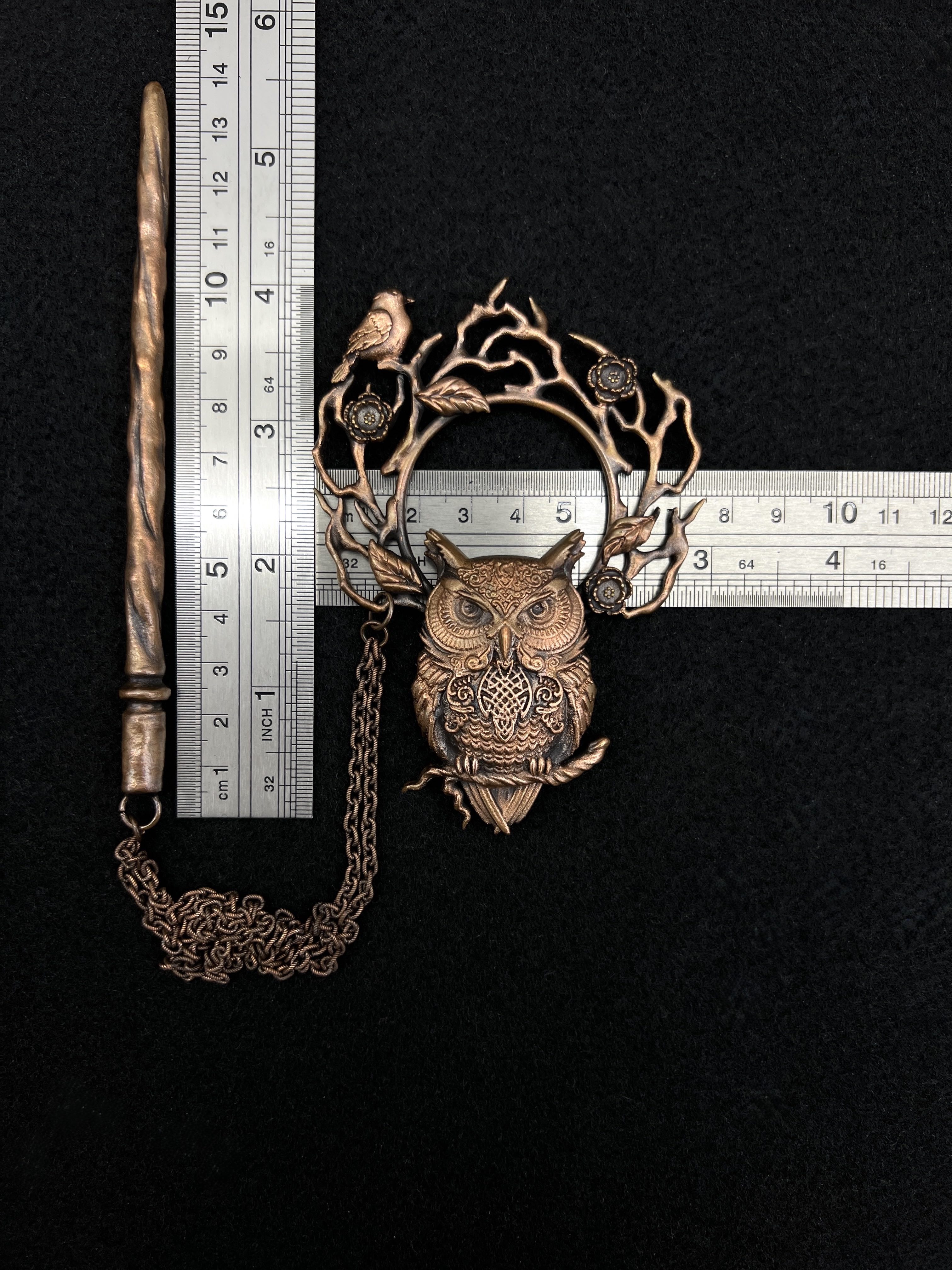 copper hair clip, hair jewelry, hair pin with owl design, hair stick and chain