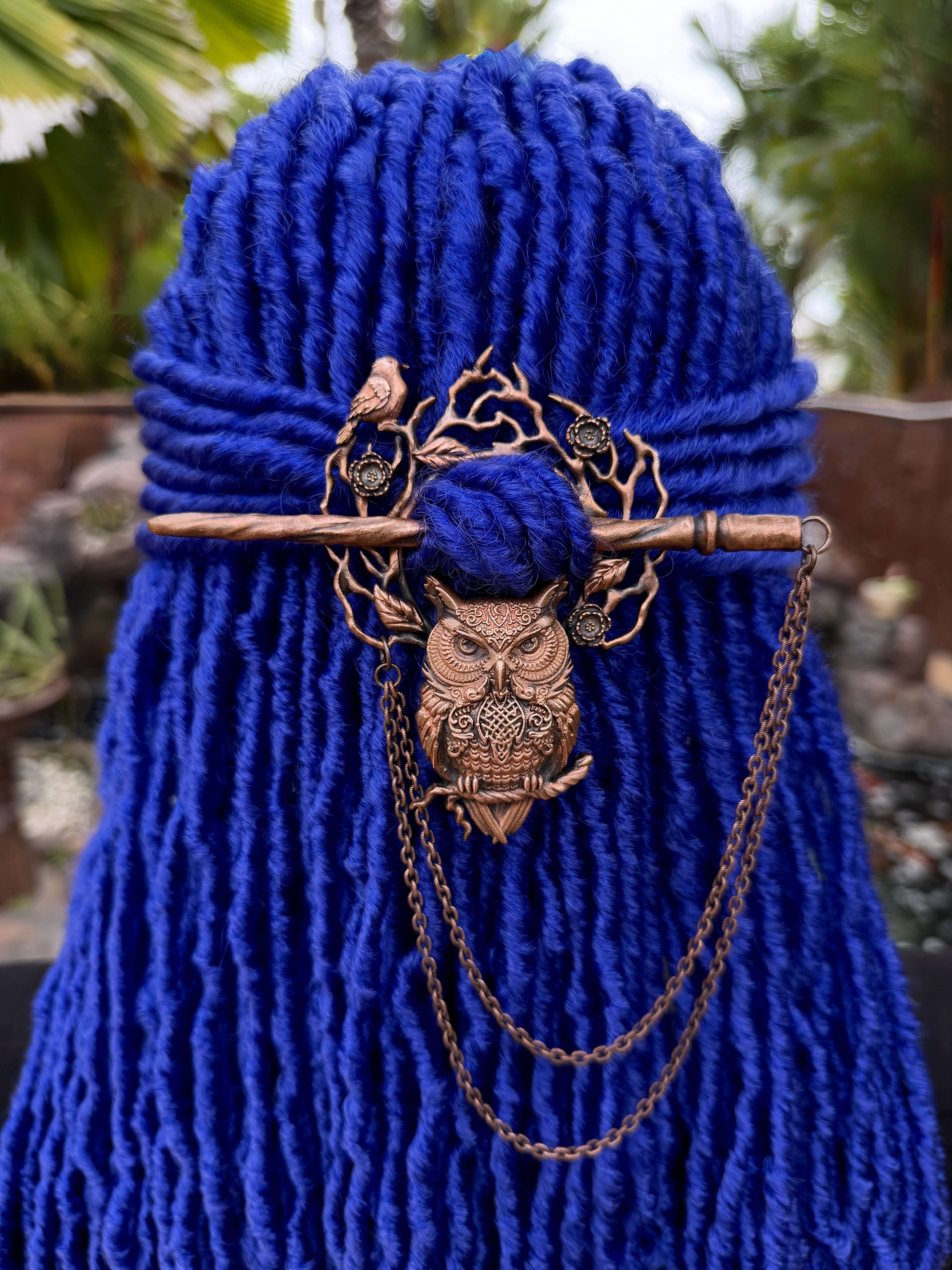 dreadlock accessory, loc jewelry, dreads hair pin, hair ring with owl design, stick and chain