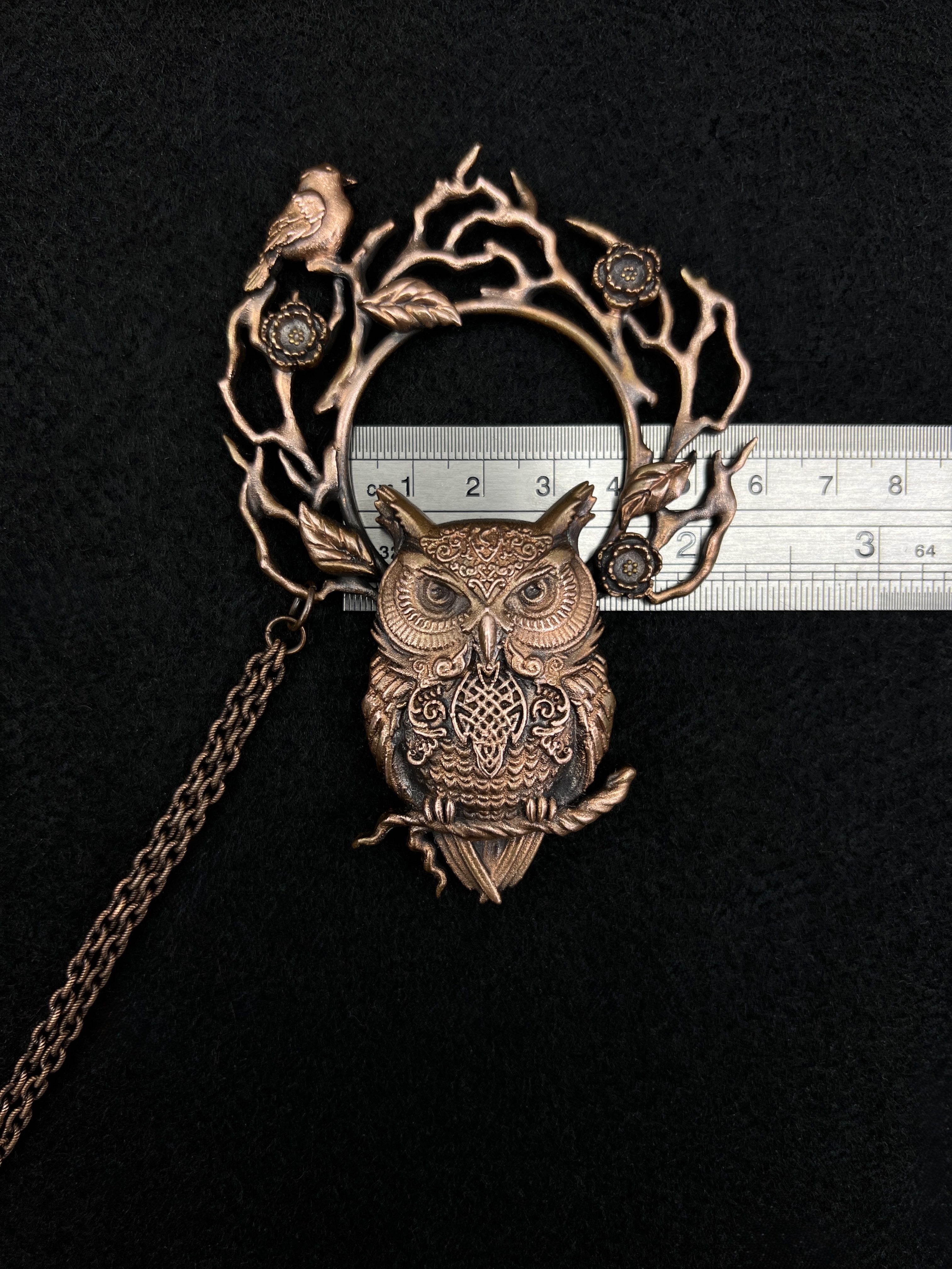 metal hair pin, hair clip, copper hair jewelry with owl design, stick and chain