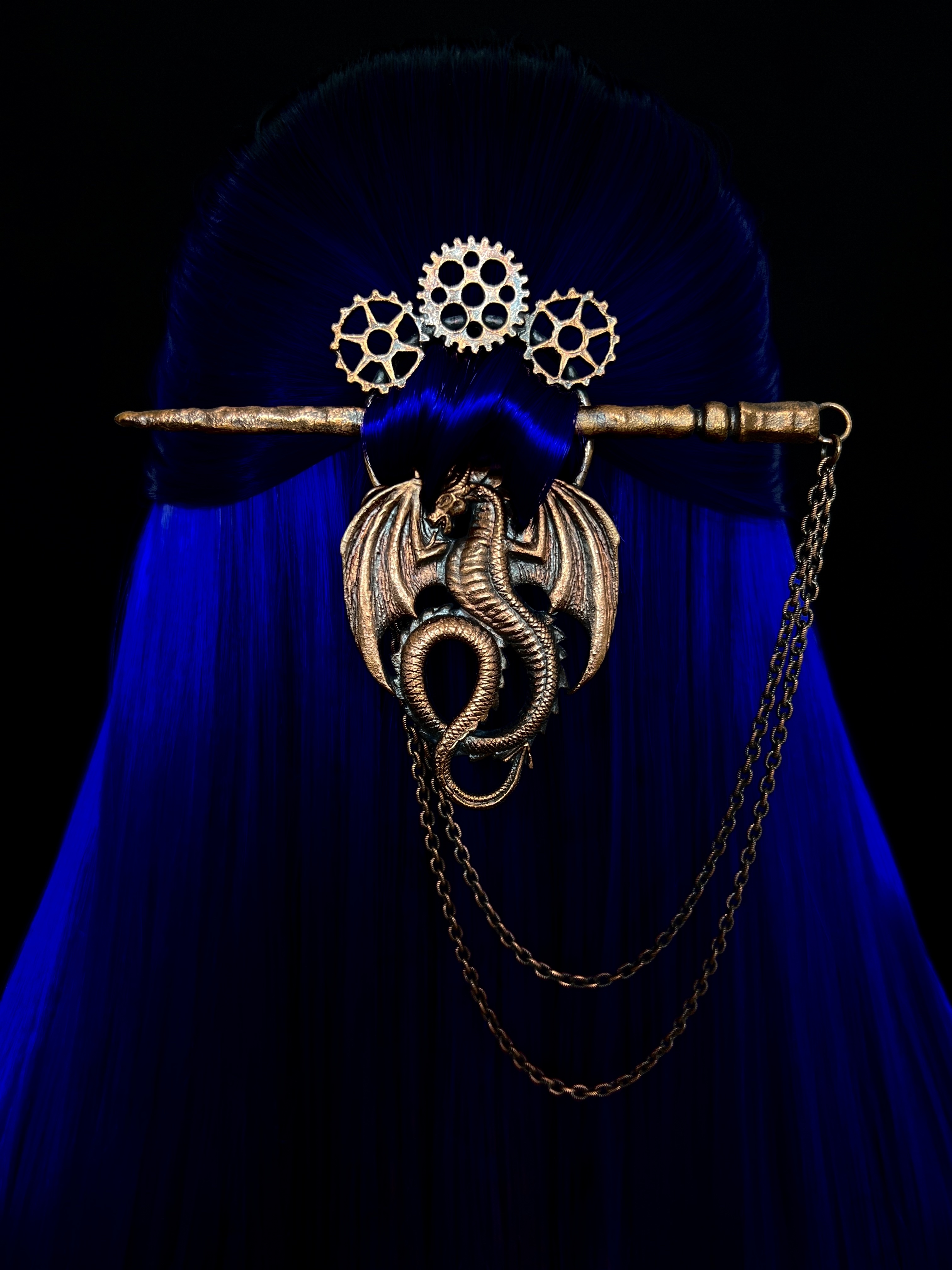 Copper hair jewelry, hair barrette, hairpin, hair clip with dragon and gears design