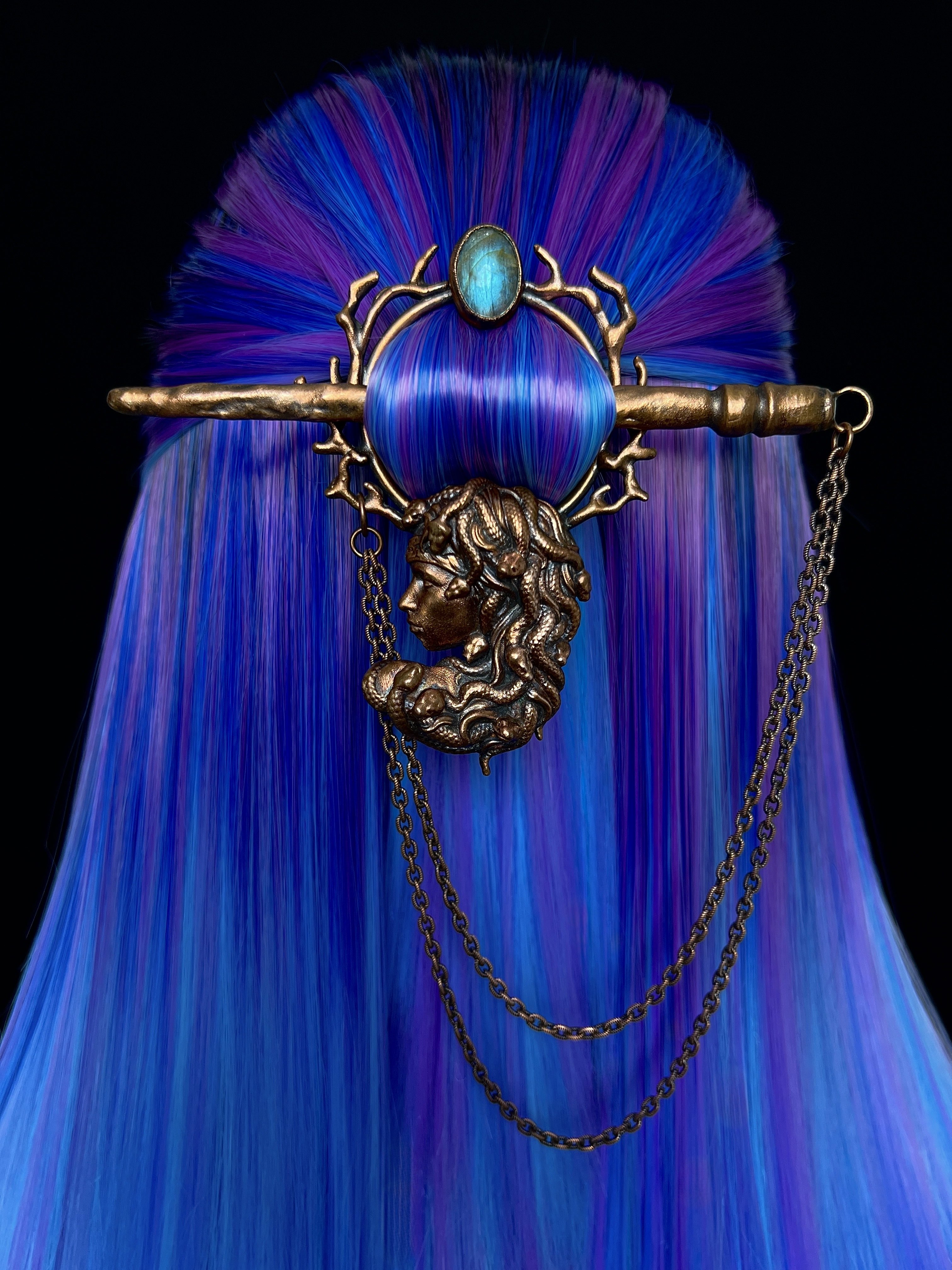 Copper hair jewelry, hair barrette, hairpin, hair clip with medusa design and labradorite gemstone