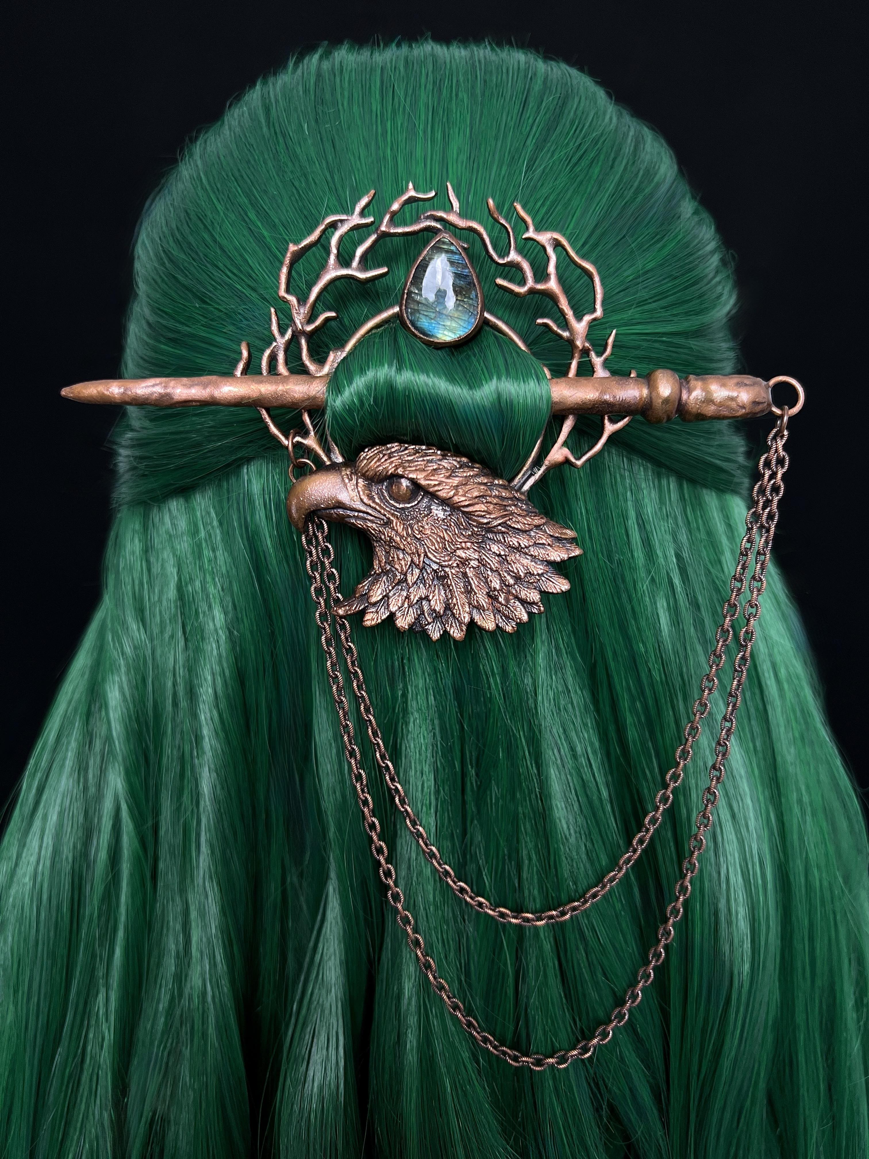 Copper hair jewelry, hair clip, hair pin, braids accessory with eagle design, labradorite gemstone, stick and chain