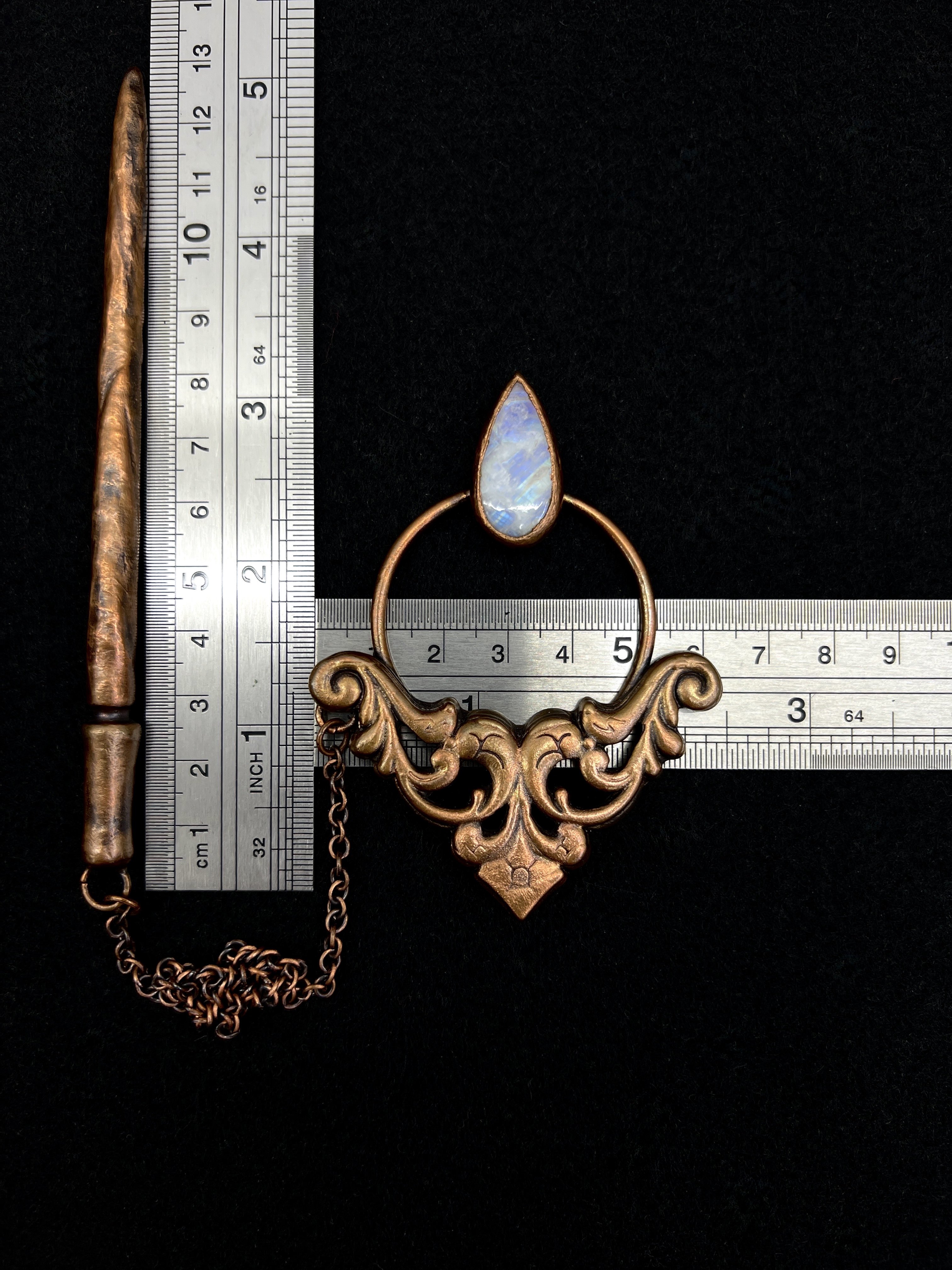 Copper hair jewelry, hair clip, hair pin, hair barrette in viking style with moonstone gemstone
