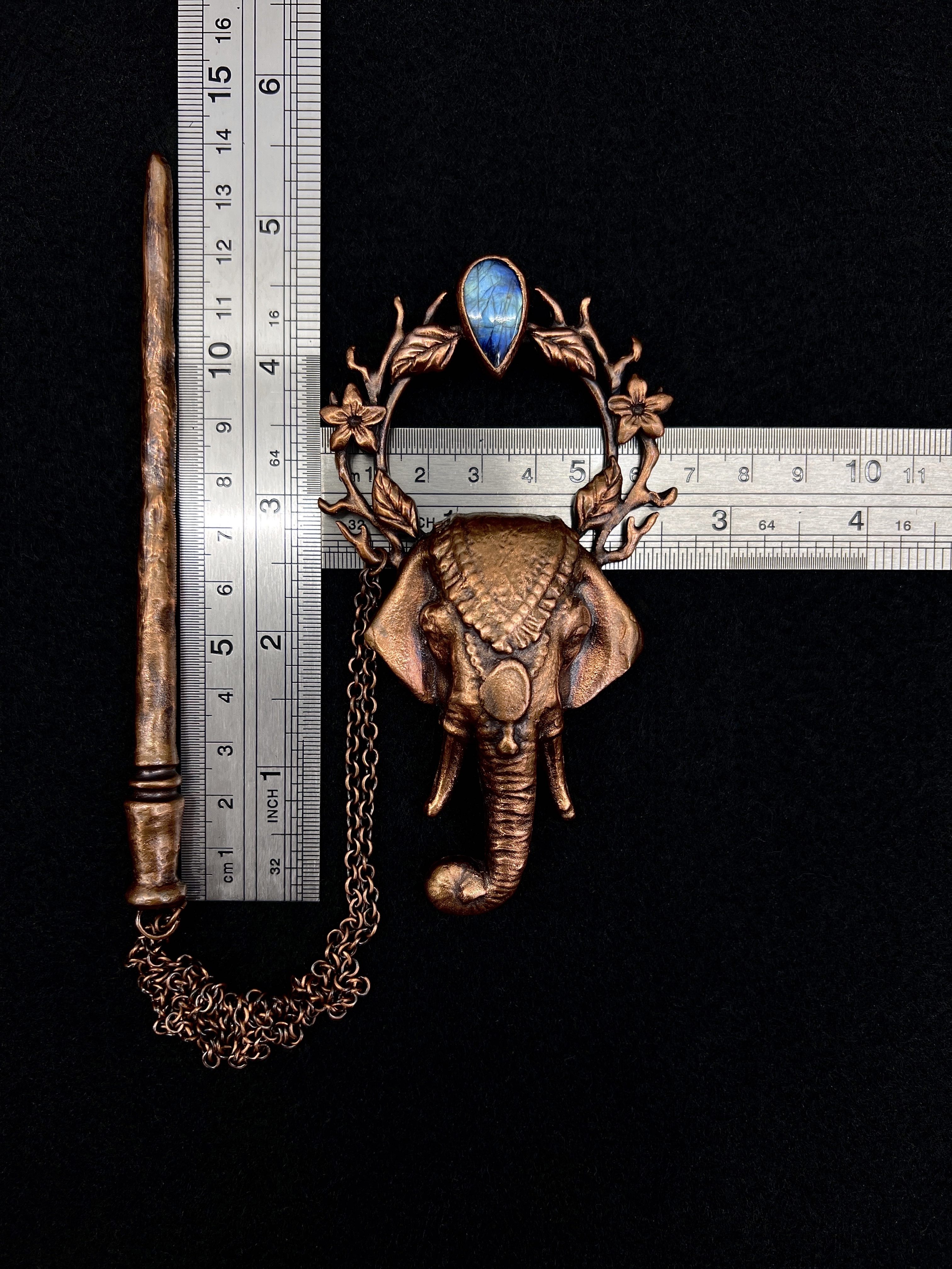Copper hair jewelry, hair clip, hairpin, hair barrette with elephant design and labradorite gemstone