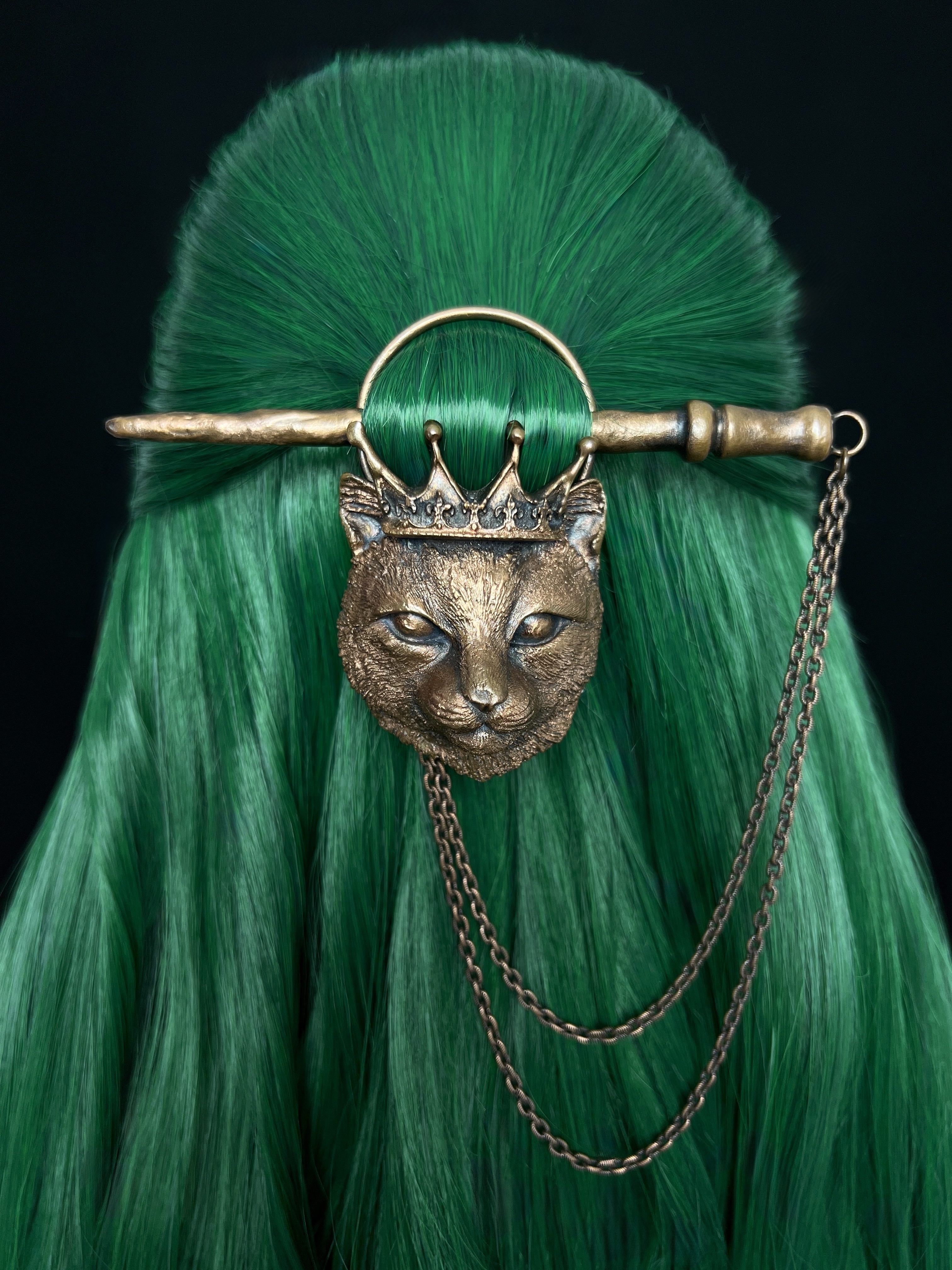 Copper hair jewelry, hair pin, hair clip, braids accessory with cat design, stick and chain