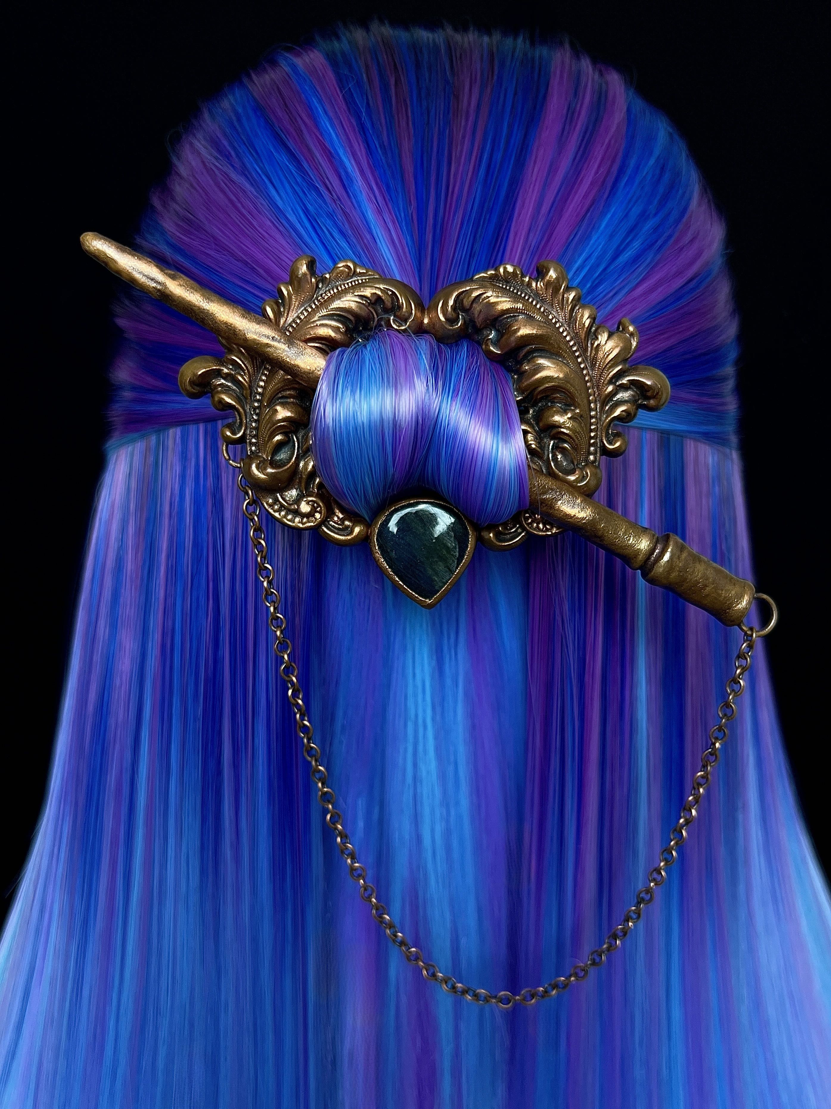Copper hair jewelry, hair pin, hair clip, hair barrette, hair accessory with labradorite gemstone in renaissance style