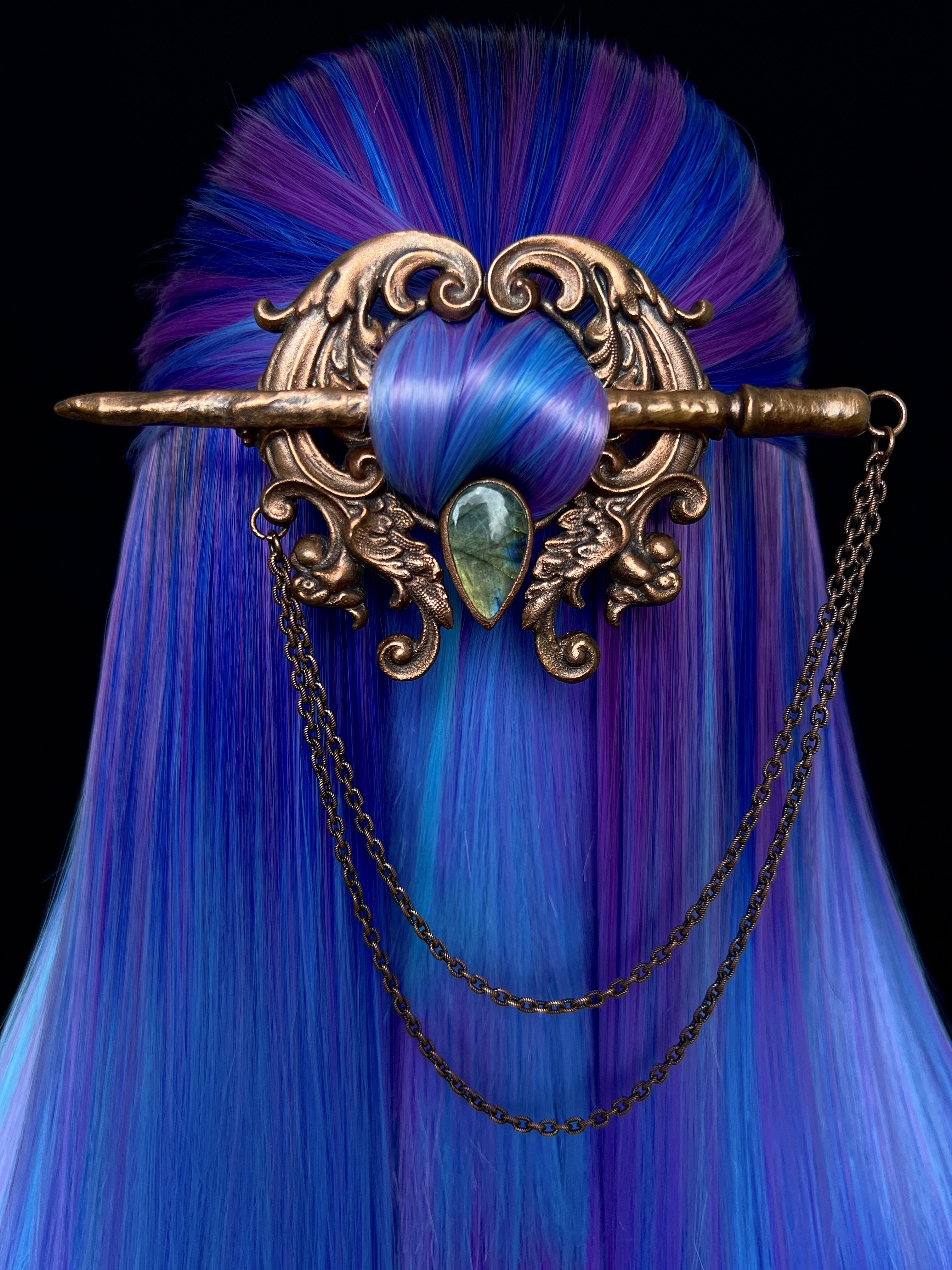 Copper hair jewelry, hair pin, hair clip, hair barrette in renaissance style with labradorite gemstone
