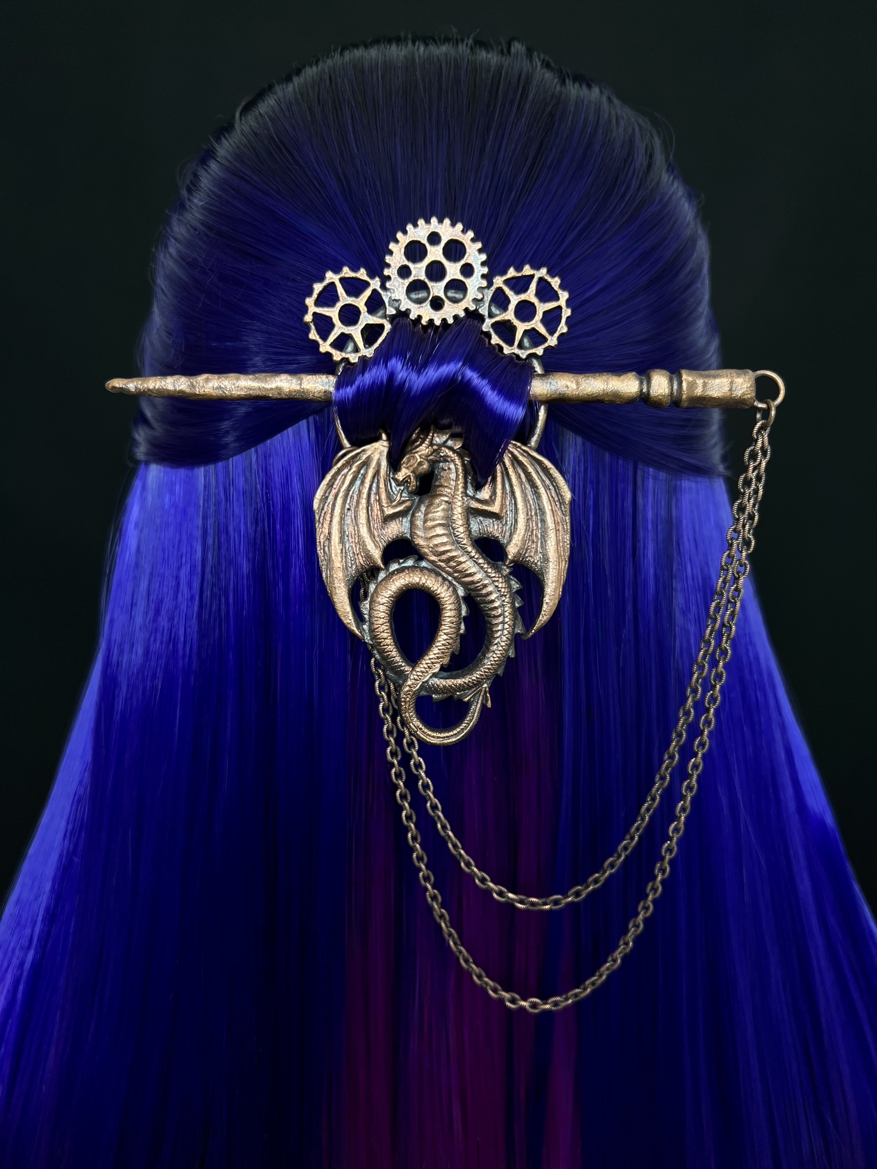 Copper hair pin, hair clip, barrette, hair jewelry, braid accessory with dragon and gears design