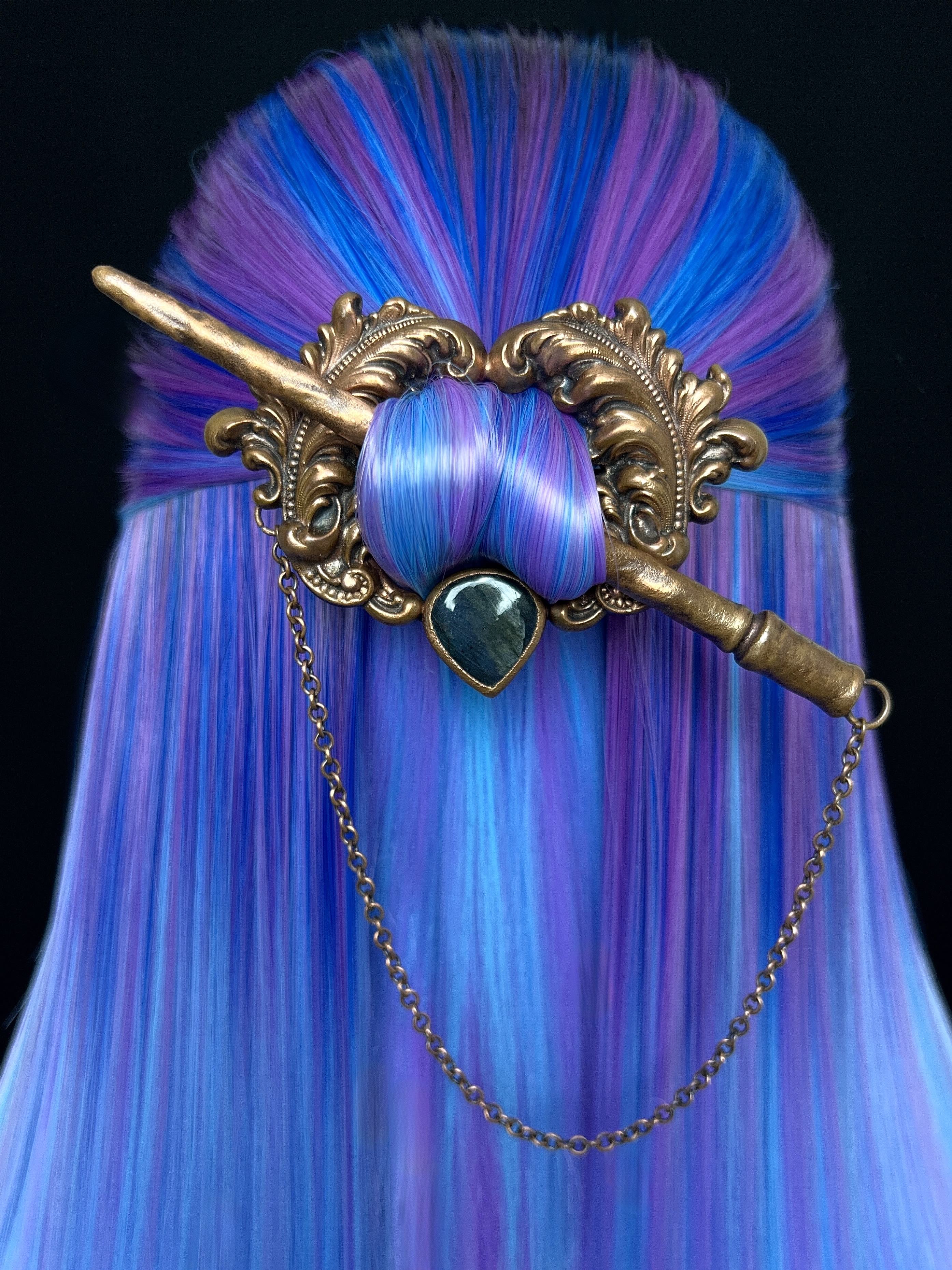 Copper hair pin, hair clip, hair jewelry for wedding, bride with labradorite, stick and chain