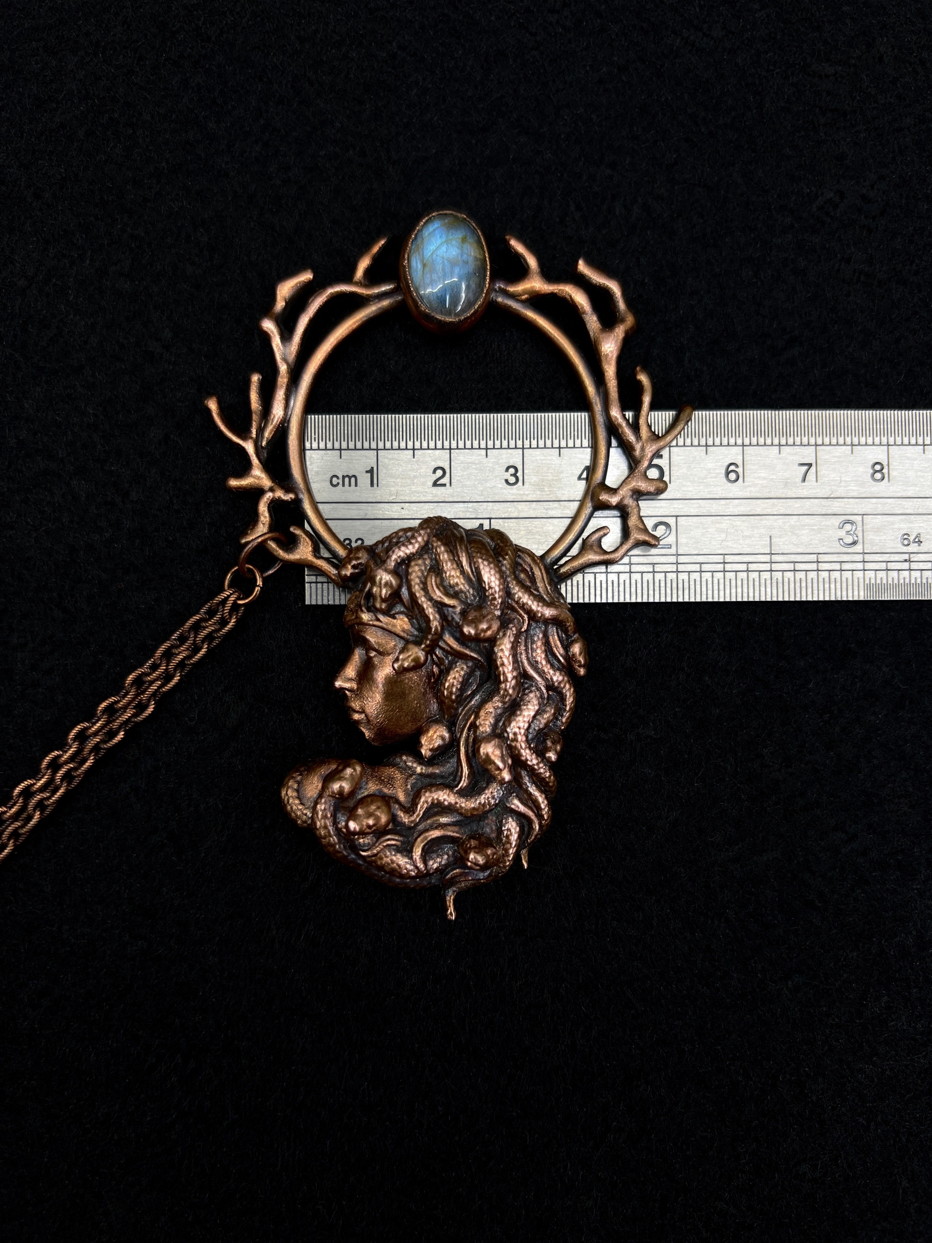 Copper hairpin, hair jewelry, hair barrette, hair clip with medusa design and labradorite gemstone