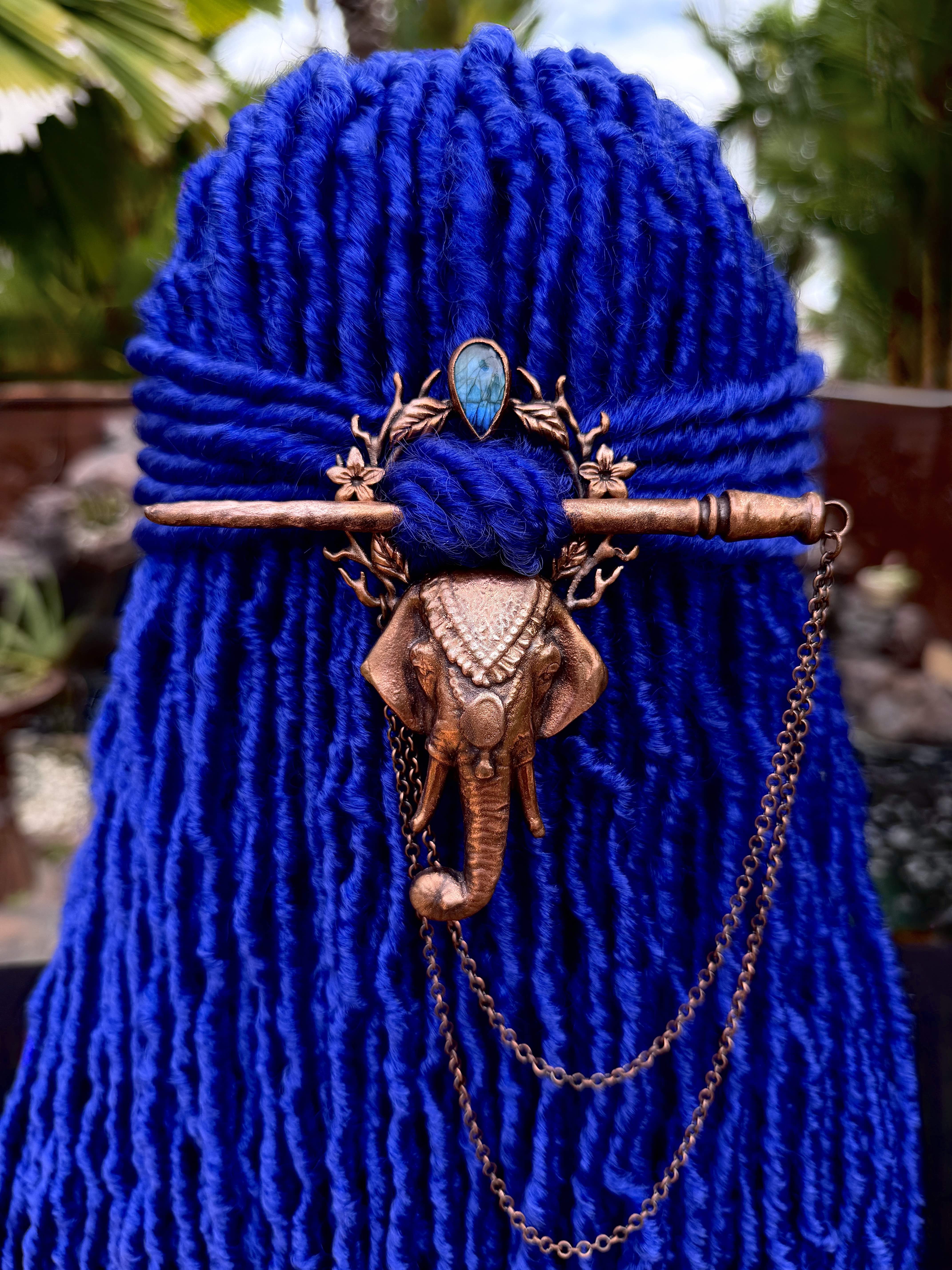 Copper loc jewelry, dreadlock hairpin, dread accessories, dreadlock hair ring with elephant design and labradorite gemstone