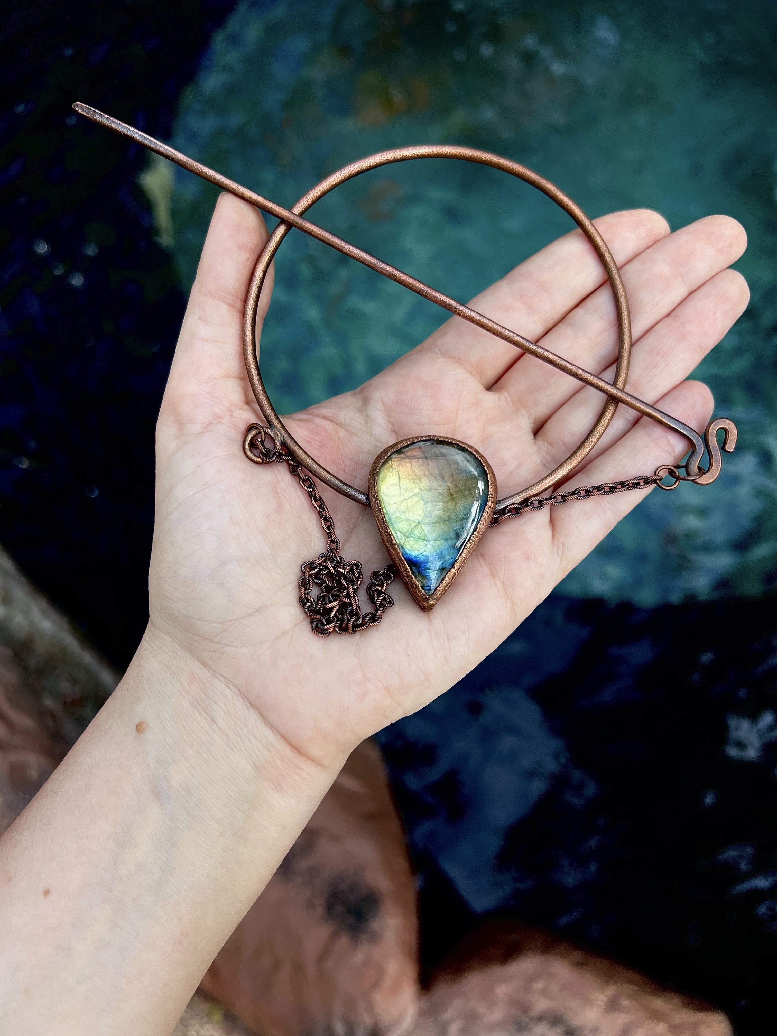 Copper loc jewelry, dreadlock hairpin, dread jewelry, loc accessory, dread accessories with labradorite gemstone