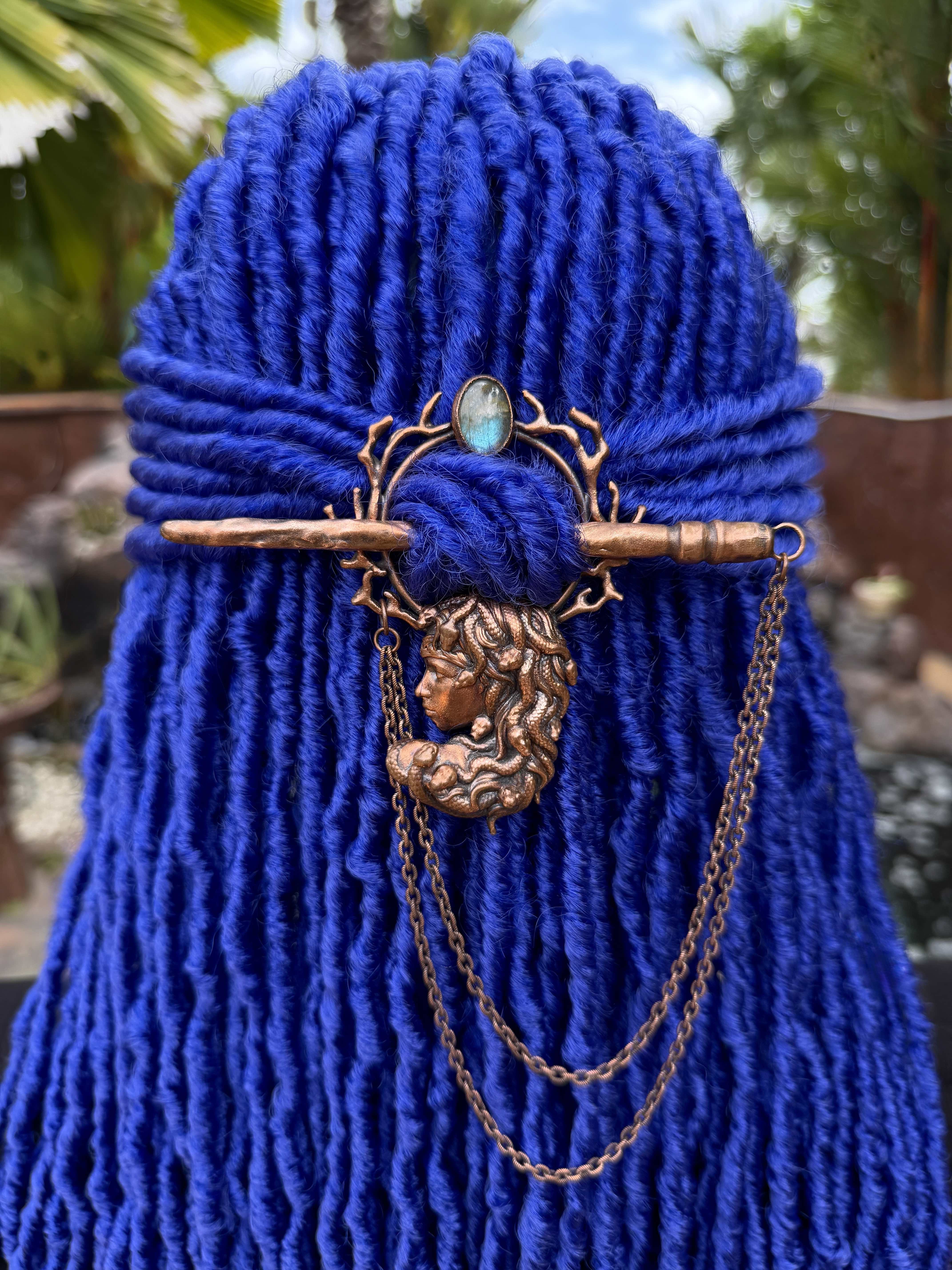 Dread accessories, loc jewelry, dreadlock hair ring with medusa design, braids hair pin with labradorite gemstone, stick and chain