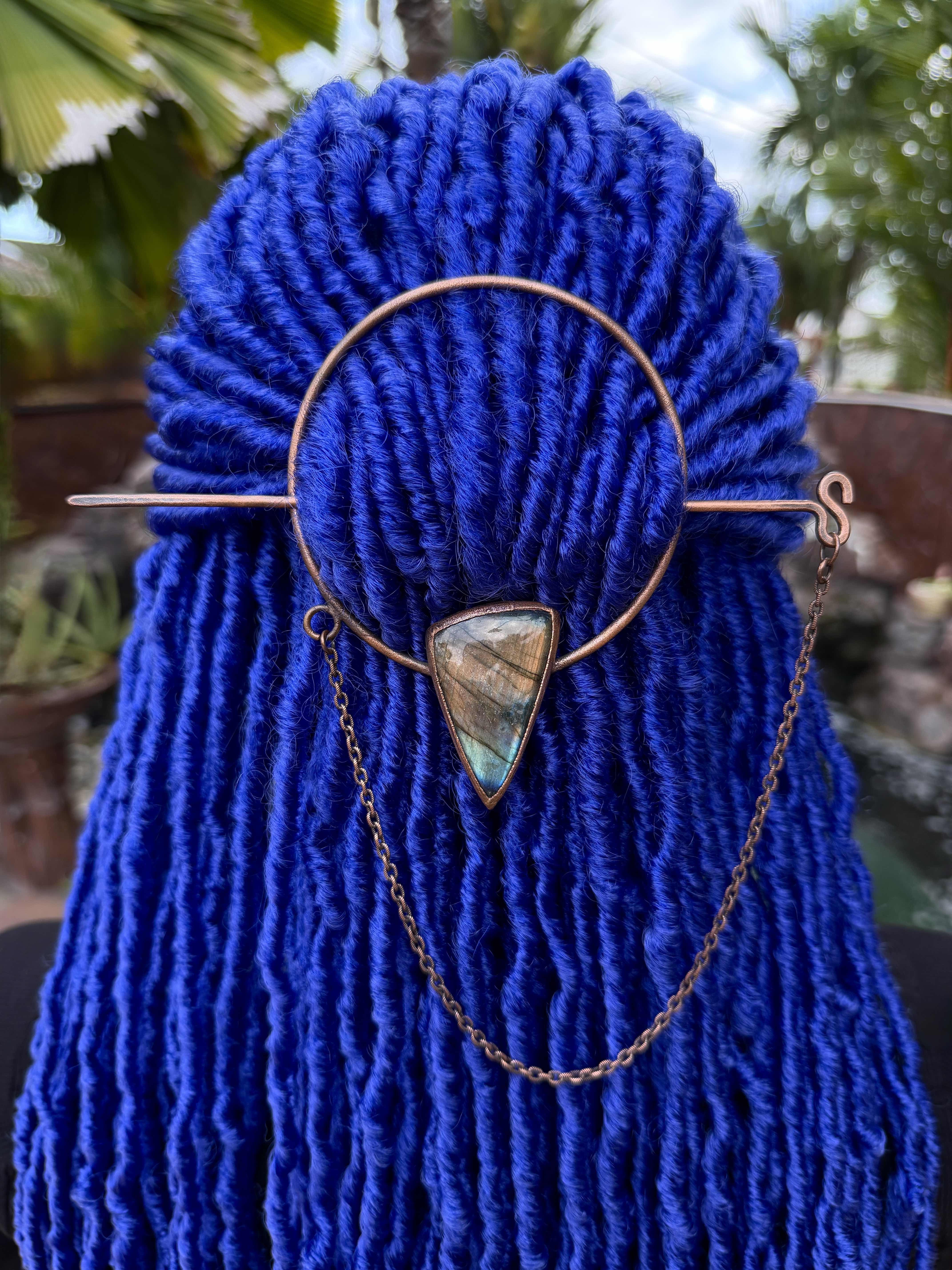 Dreadlock accessories, dreadlock hair ring, loc jewelry with labradorite gemstone, stick and chain
