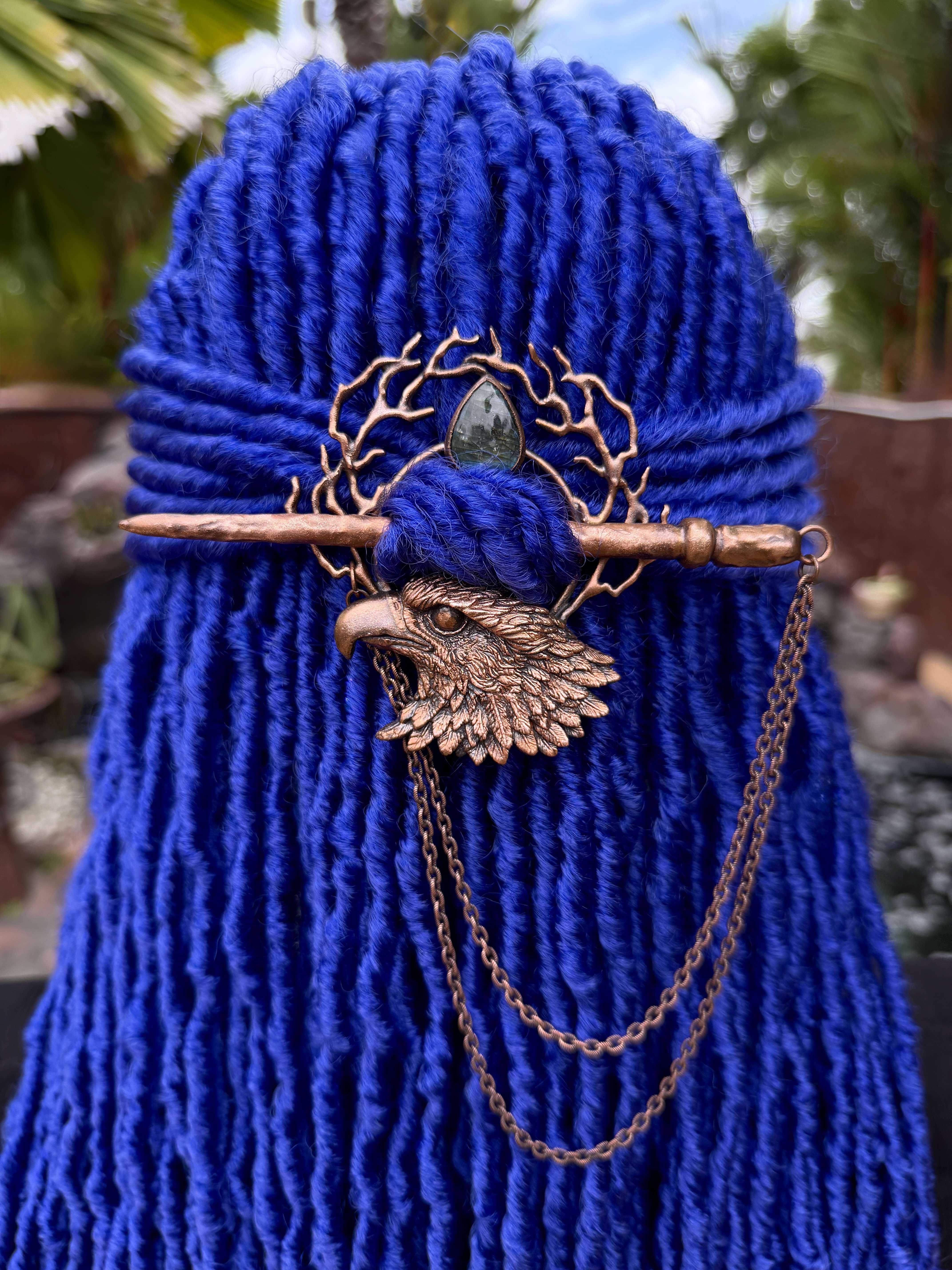 Dreadlock hair ring, dread jewelry, loc accessory with eagle design, labradorite gemstone, hair stick and chain