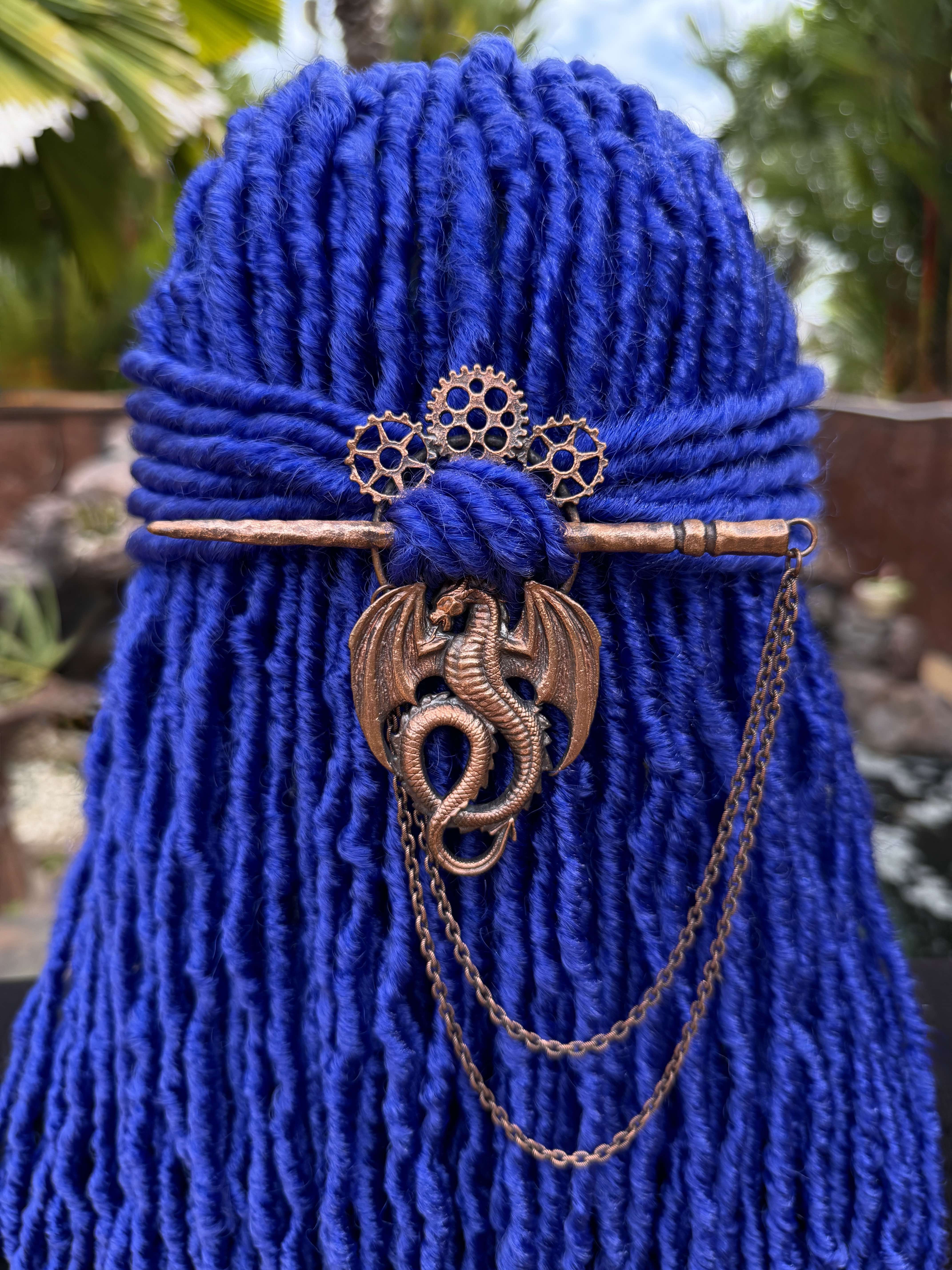 Dreadlock hair ring with stick, loc jewelry, dreads and braids accessories with dragon and gears design in steampunk style