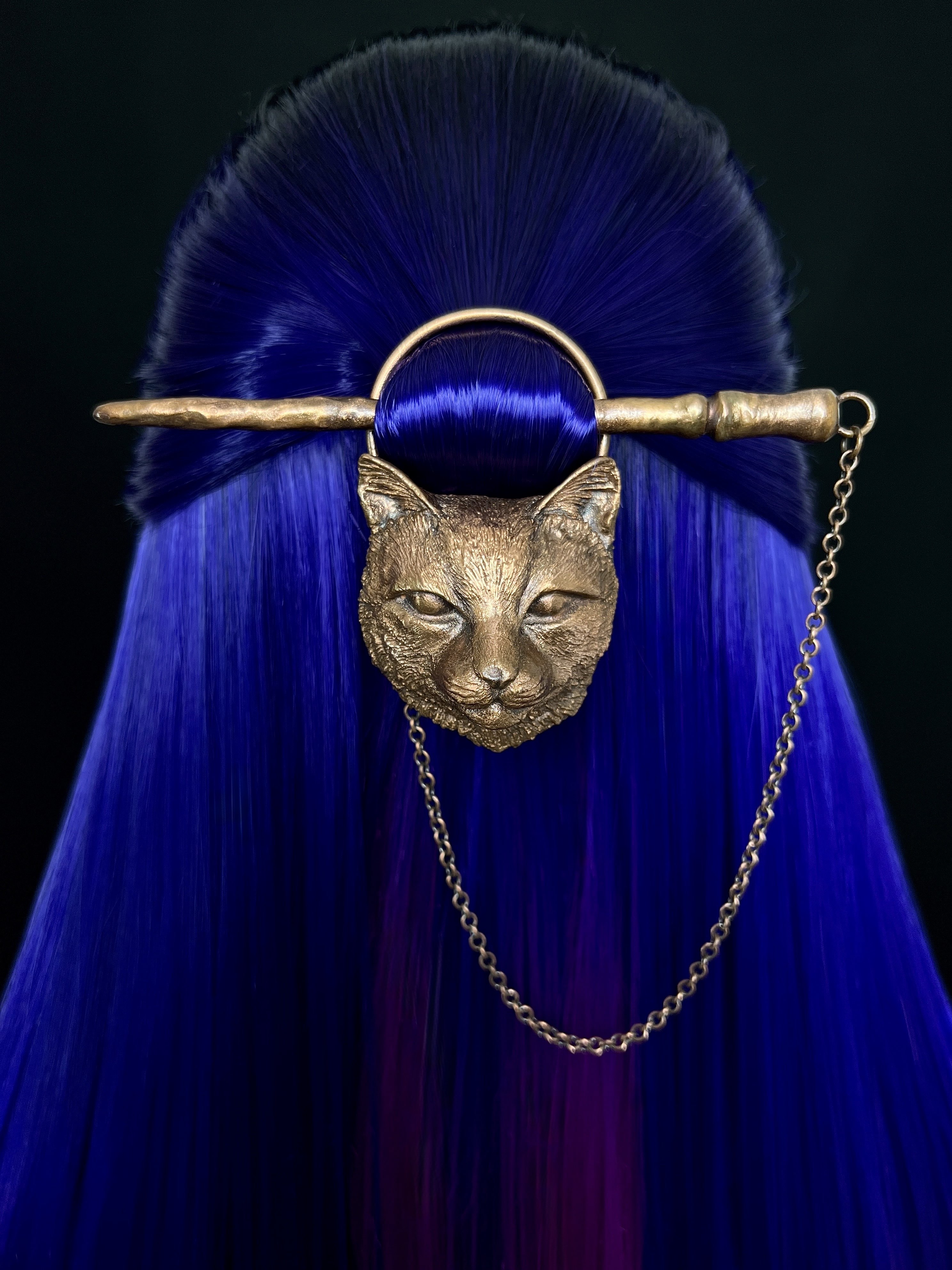 Fantasy style metal copper hair pin with cat design, stick and chain