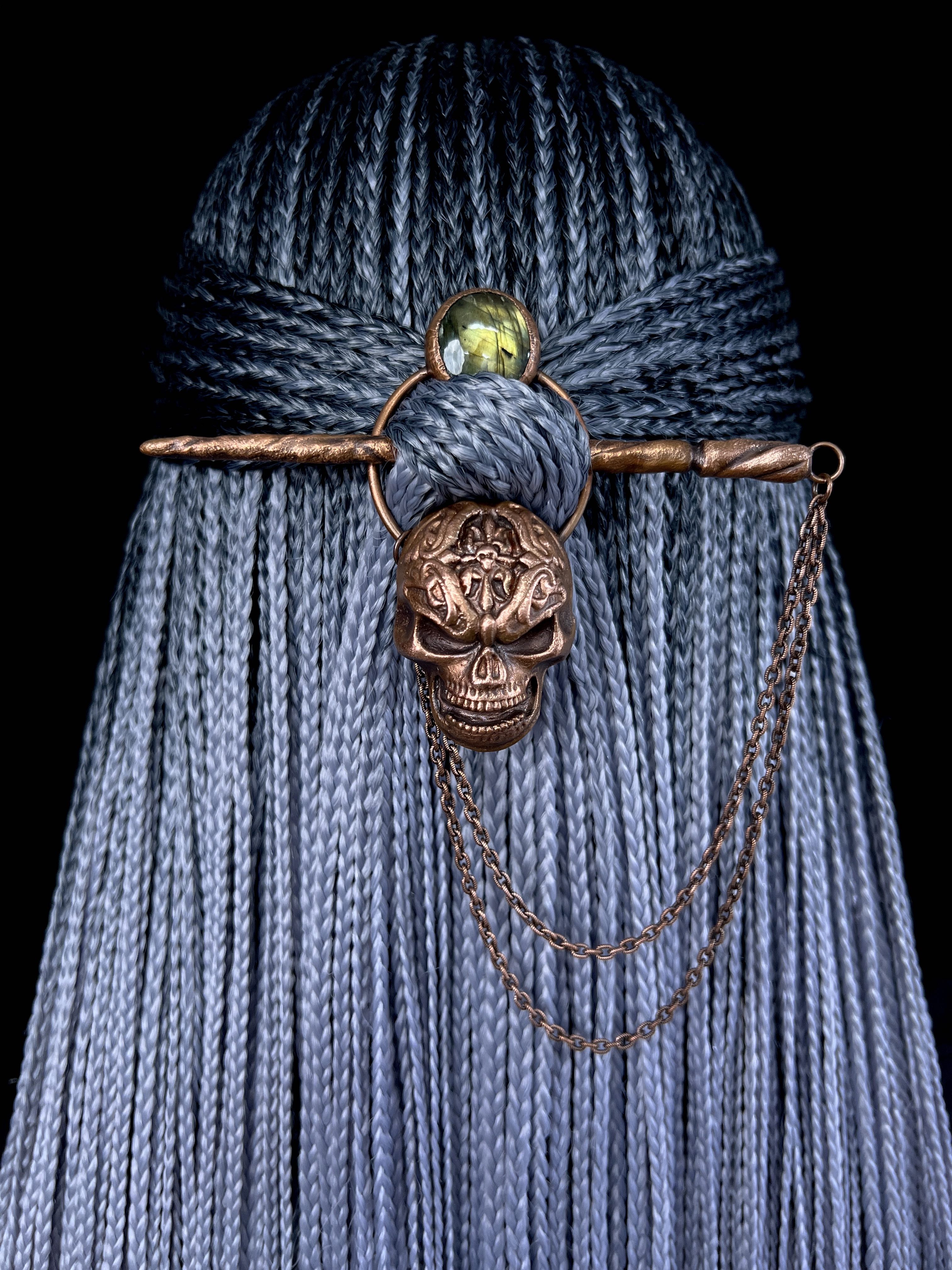 Hair jewelry, hair clip, hairpin, hair accessory, braids jewelry with skull design and labradorite gemstone