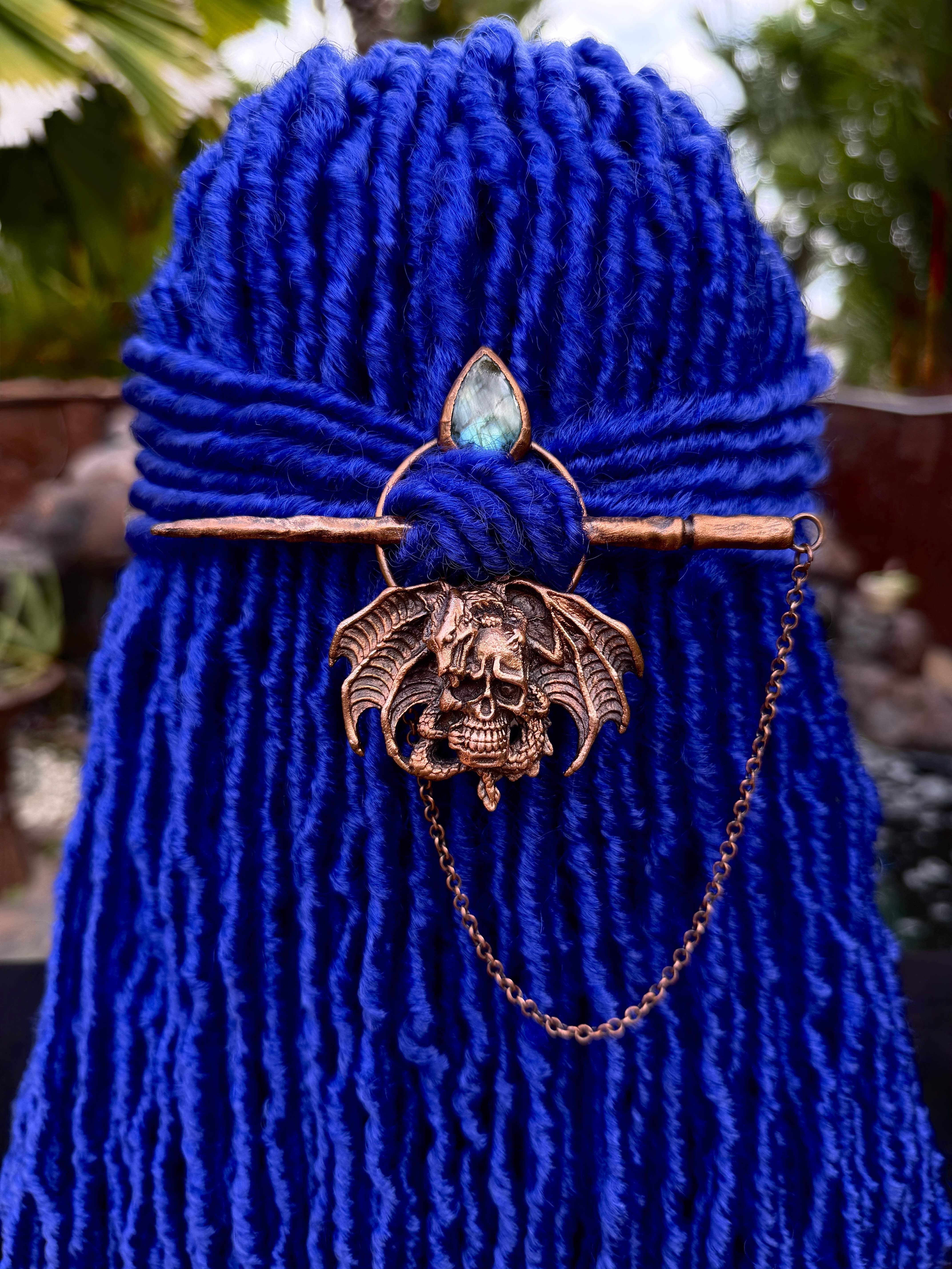 Loc jewelry, dreadlock hair pin, dread jewelry, loc accessories with skull design and labradorite gemstone