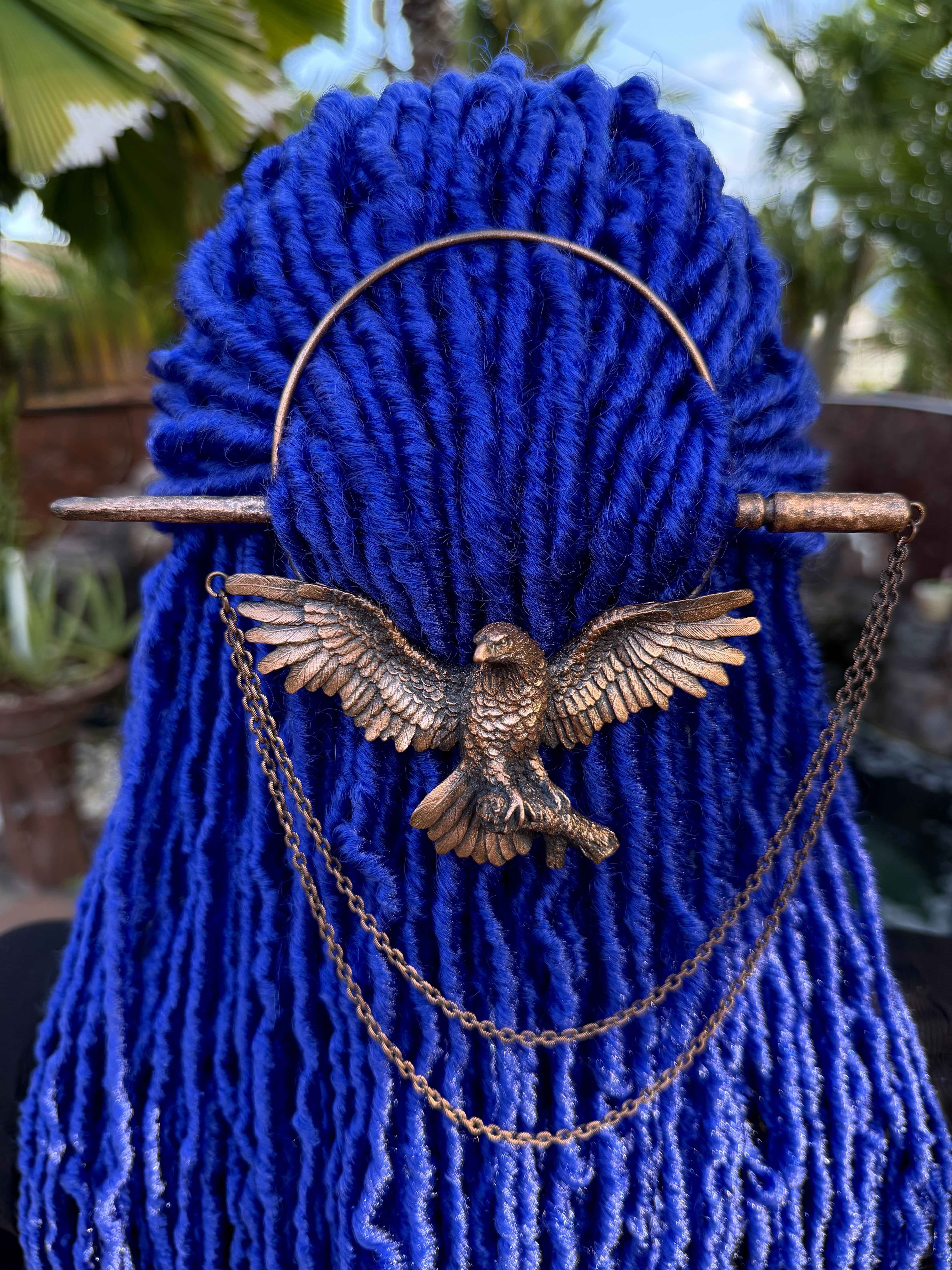 Metal copper dreadlock jewelry, dreadlock hair ring, hair pin for dreads, locs with eagle design, stick and chain