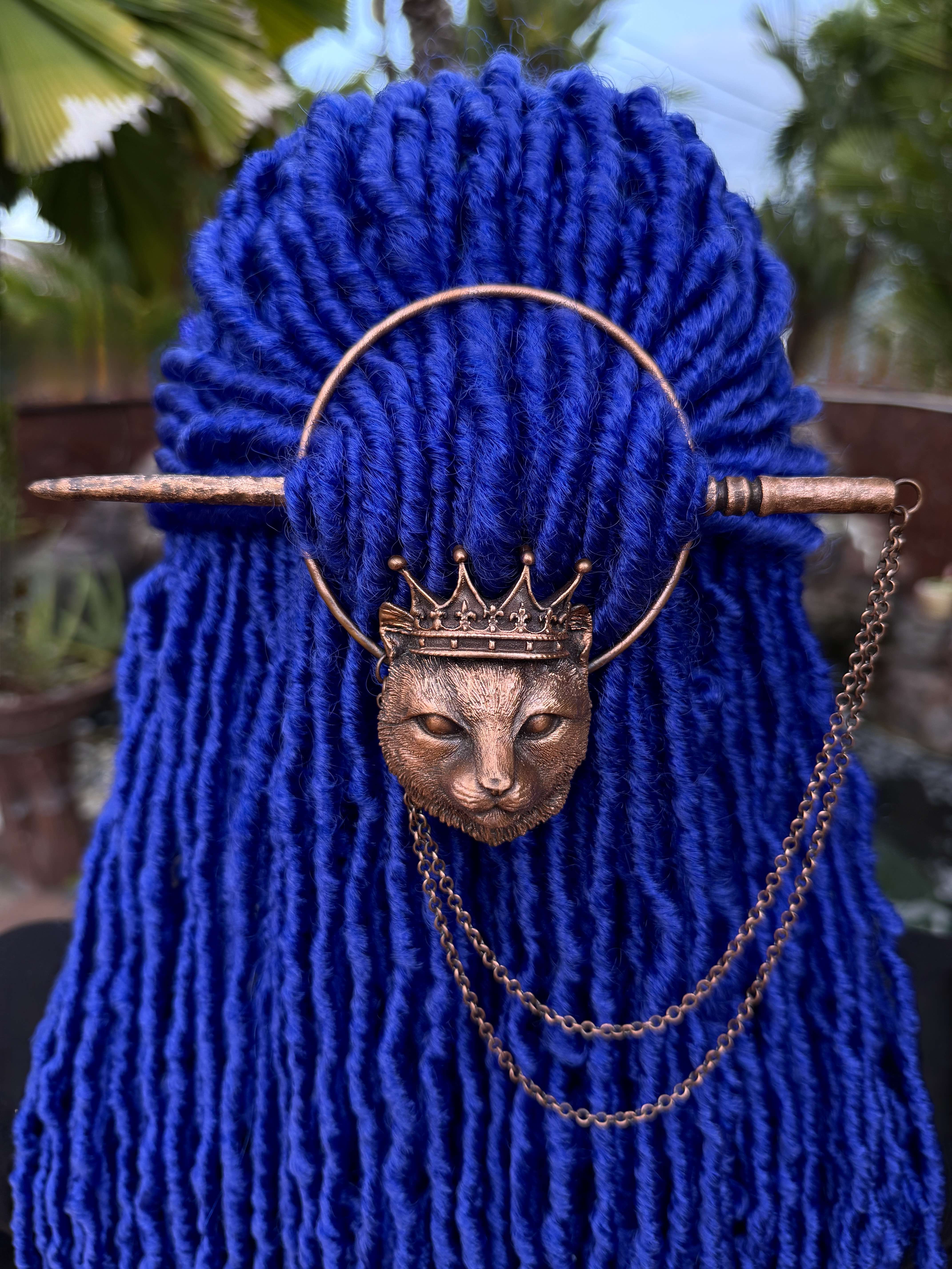 copper dread jewelry, dreadlock accessory, loc hair pin with cat design, hair stick and chain