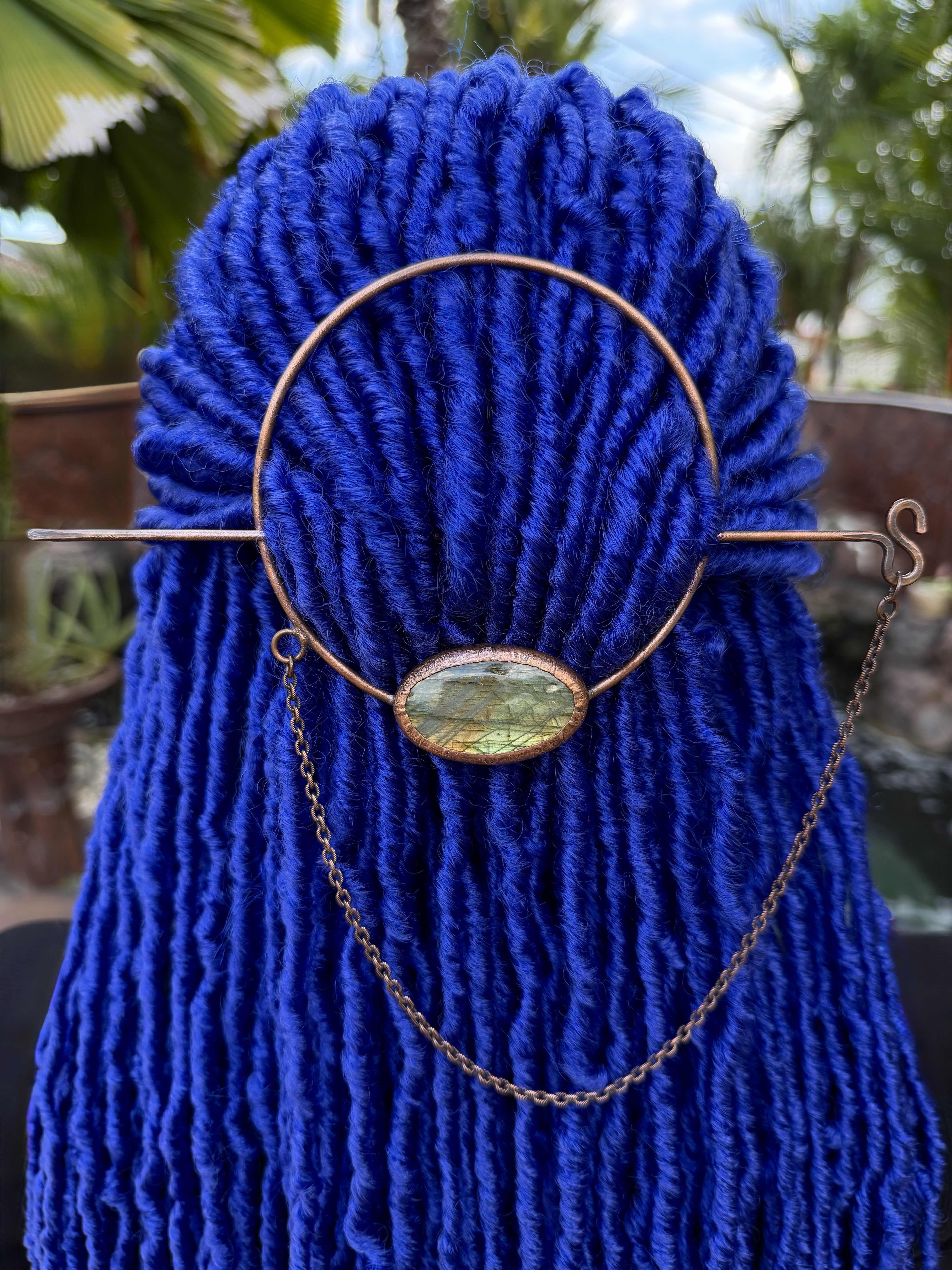 copper dreadlock jewelry, dread accessories, loc jewelry with labradorite gemstone, hair stick and chain