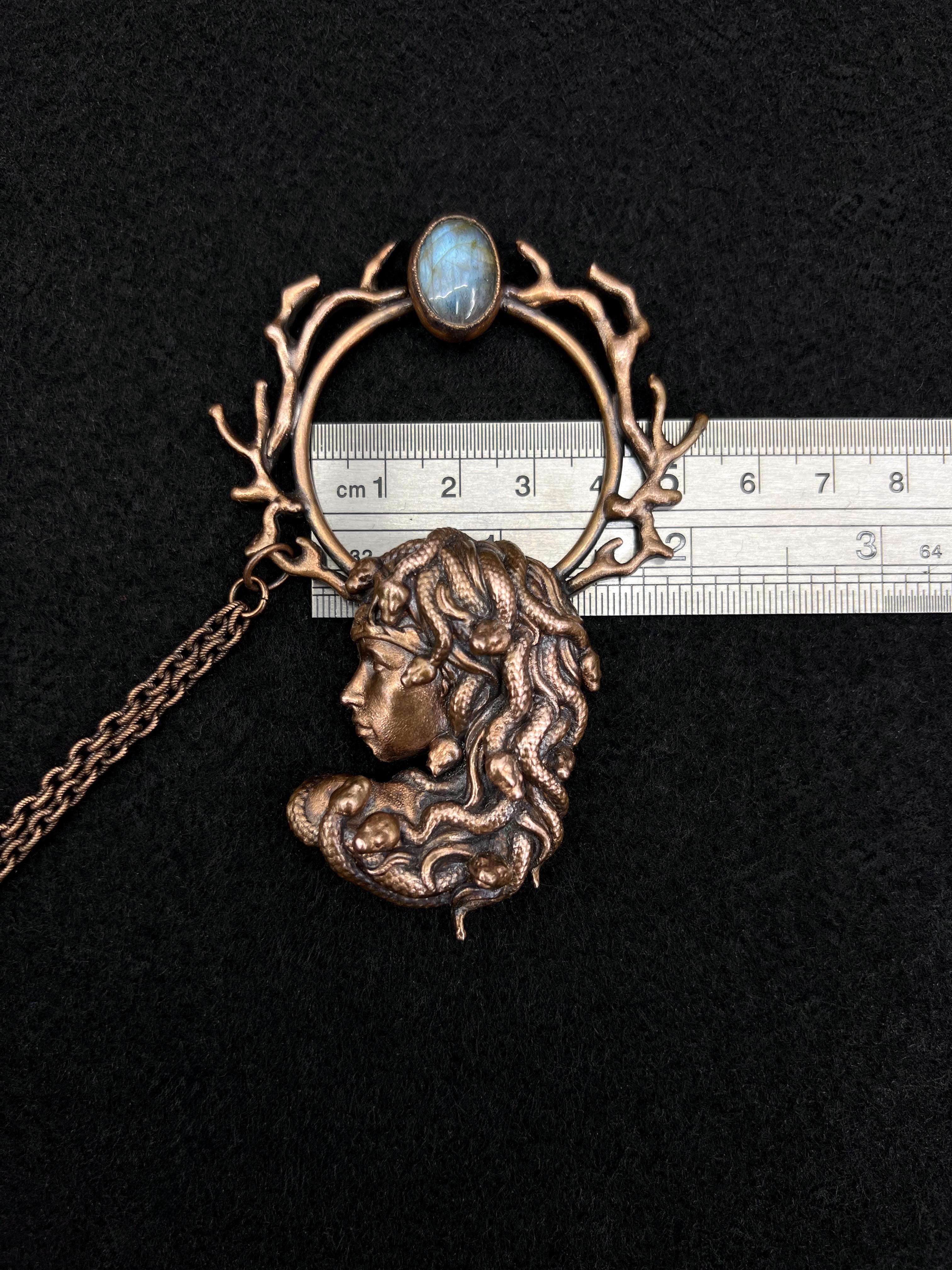 copper hair clip, hair pin, hair jewelry, hair barrette with medusa design, labradorite gemstone, stick and chain