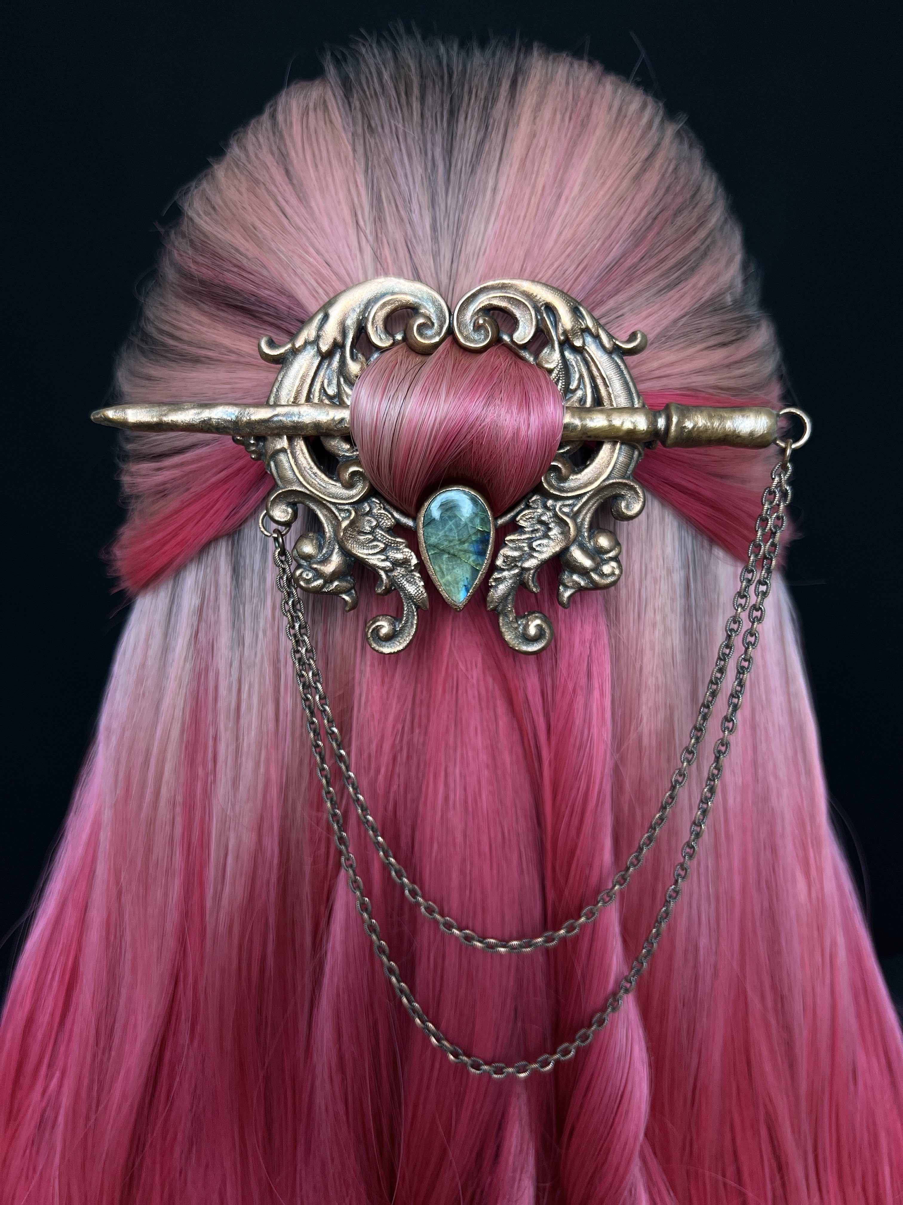 copper hair clip, hair pin, hair jewelry in renaissance, medieval, fairytale style with labradorite gemstone, hair stick and chain