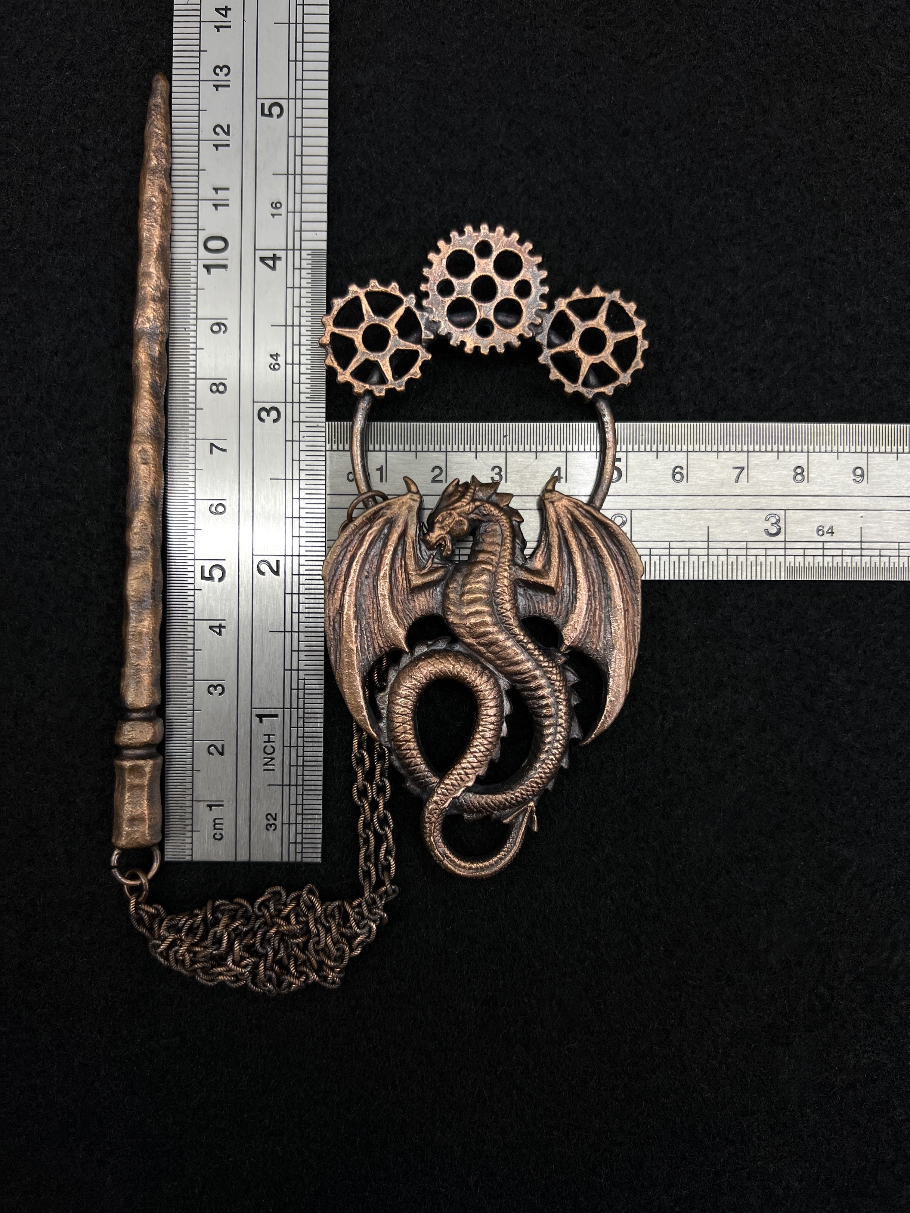 copper hair clip, hair pin, hair jewelry with dragon and gears design in steampunk style