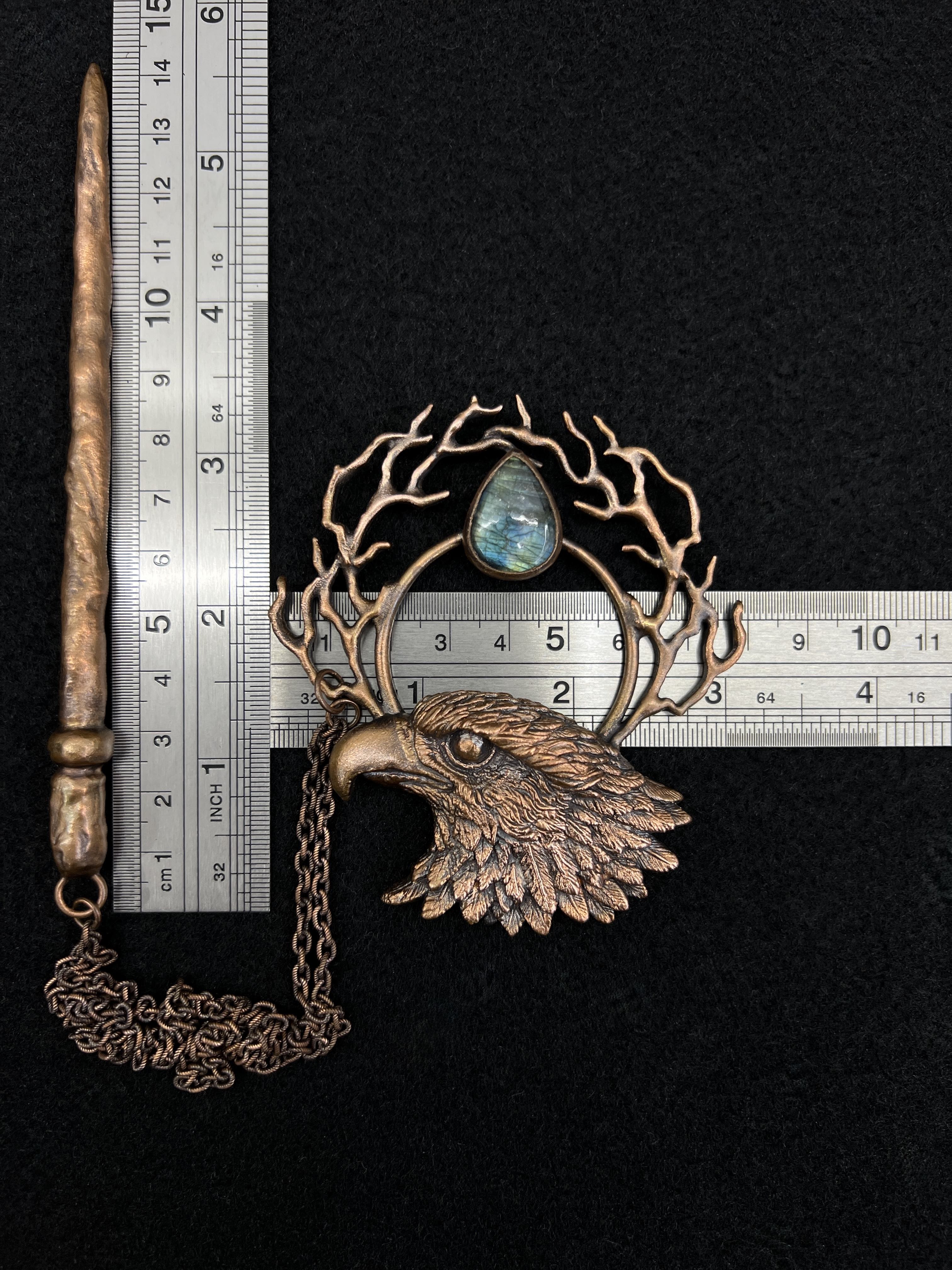 copper hair clip, hair pin, hair jewelry with eagle design, hair stick and chain