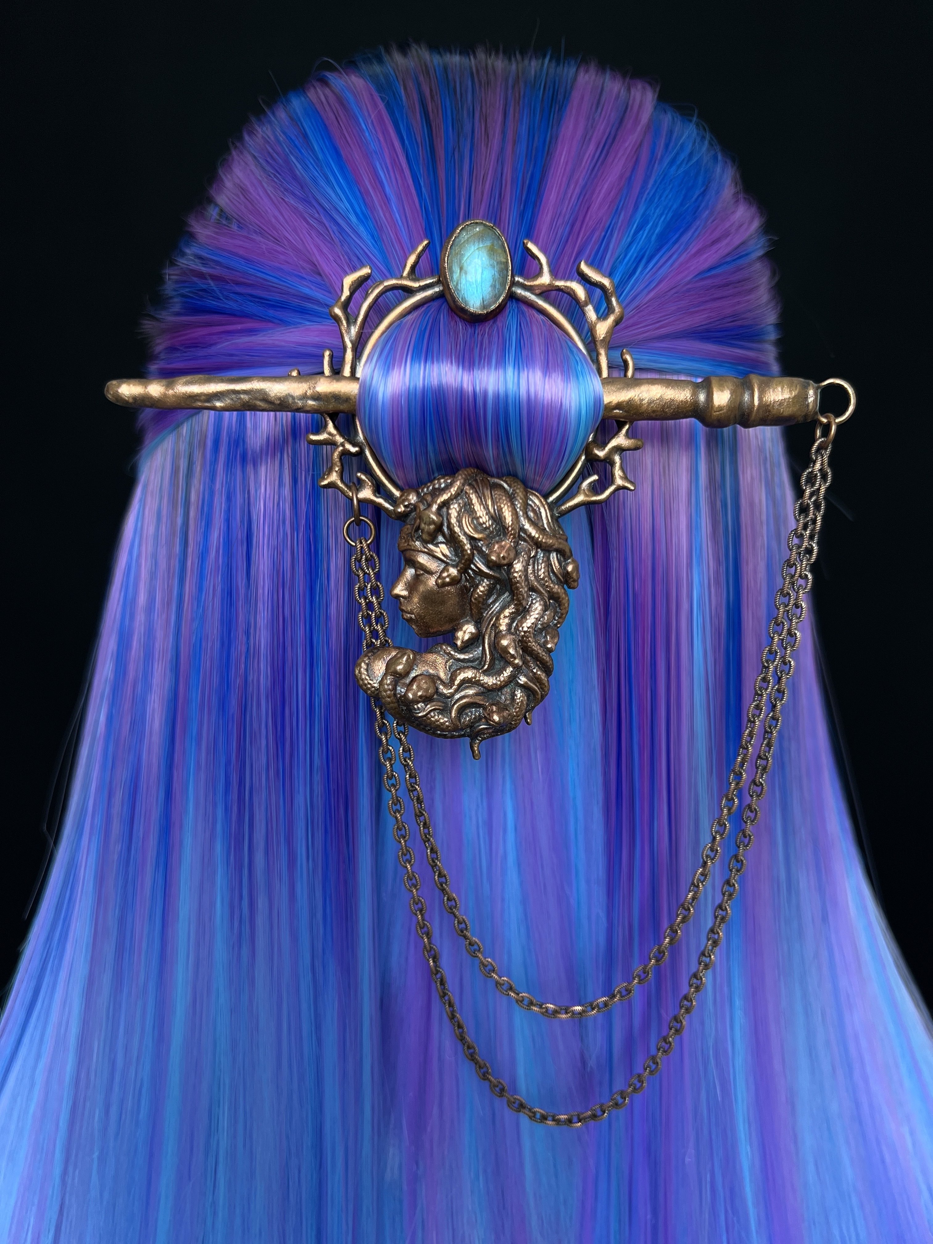 copper hair jewelry, hair clip, hair pin with medusa design, labradorite gemstone, hair stick and chain