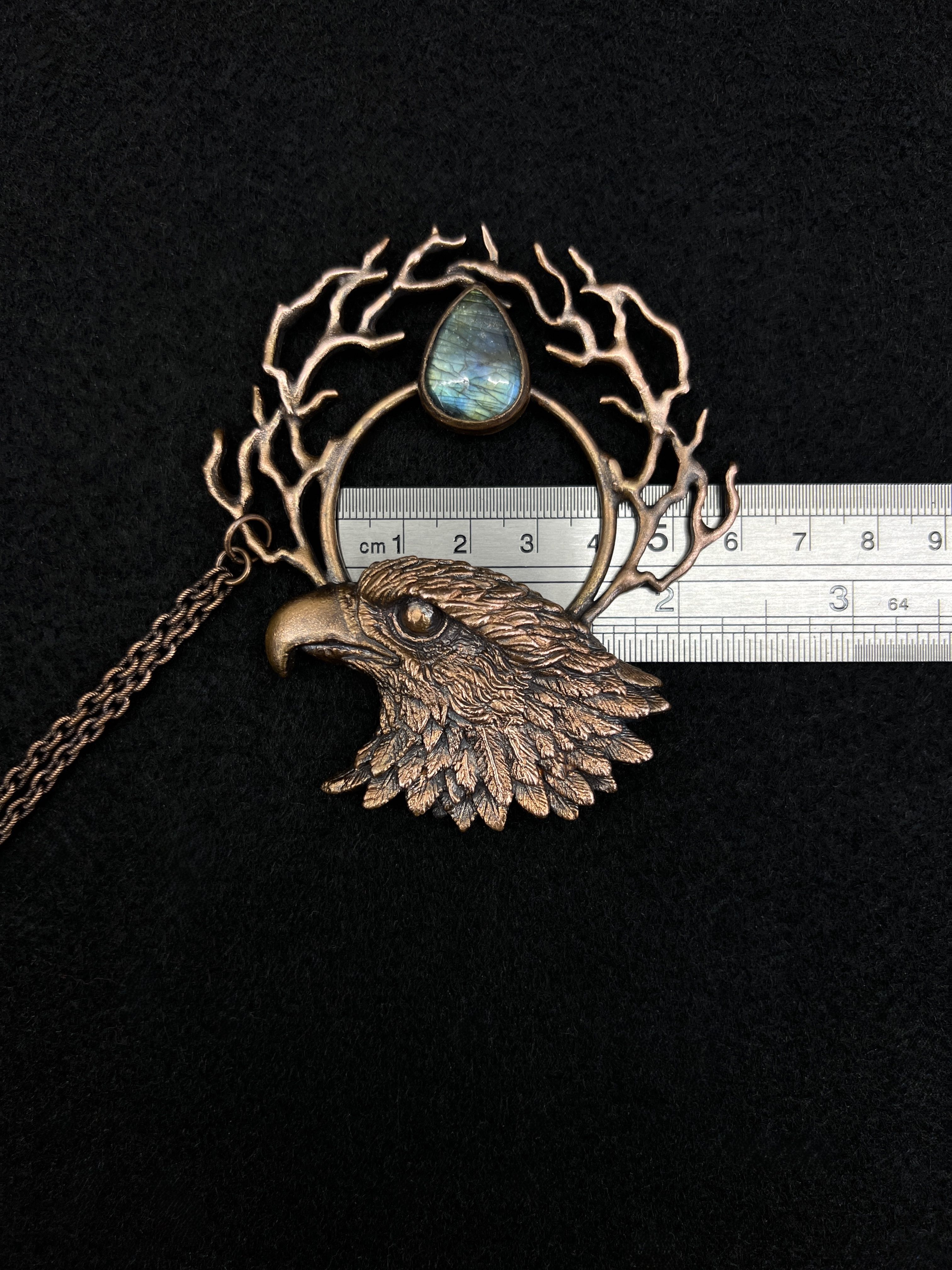 copper hair pin, hair clip, hair jewelry, braids accessory with eagle design, labradorite, stick and chain