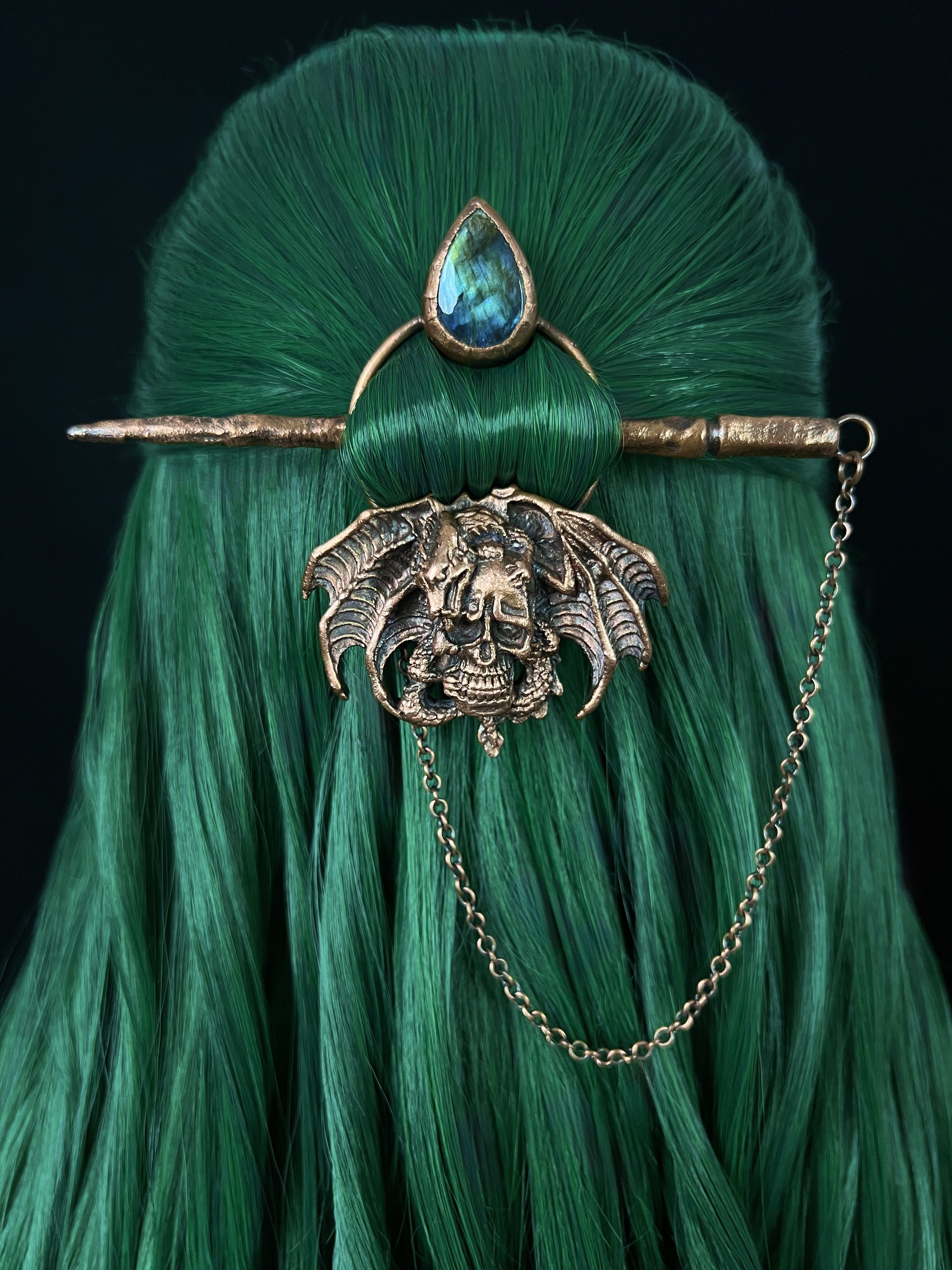 copper skull hair pin, hair clip with labradorite gemstone, stick and chain