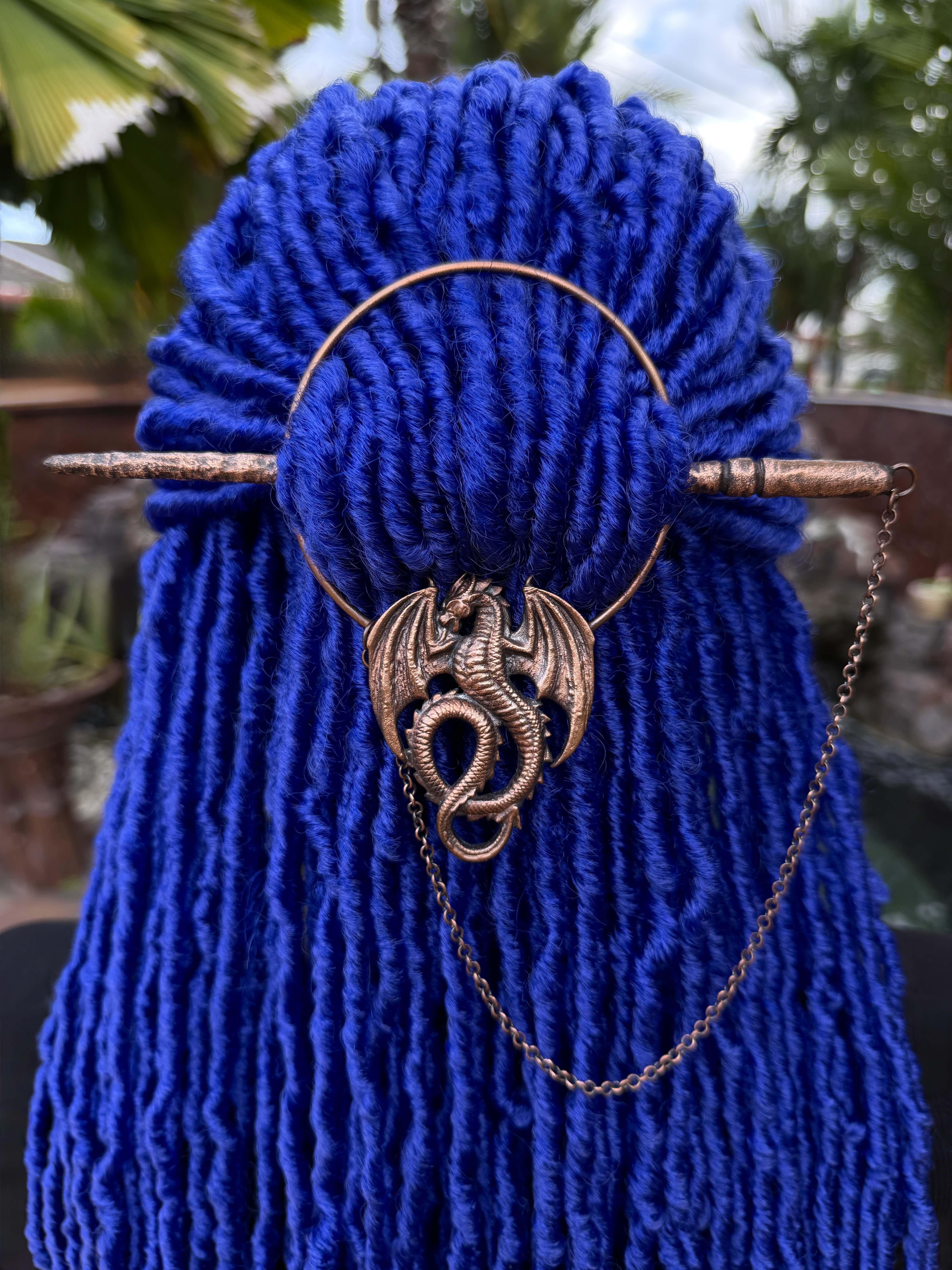 dreadlock hair ring with stick, loc jewelry, dread accessories with dragon design and chain