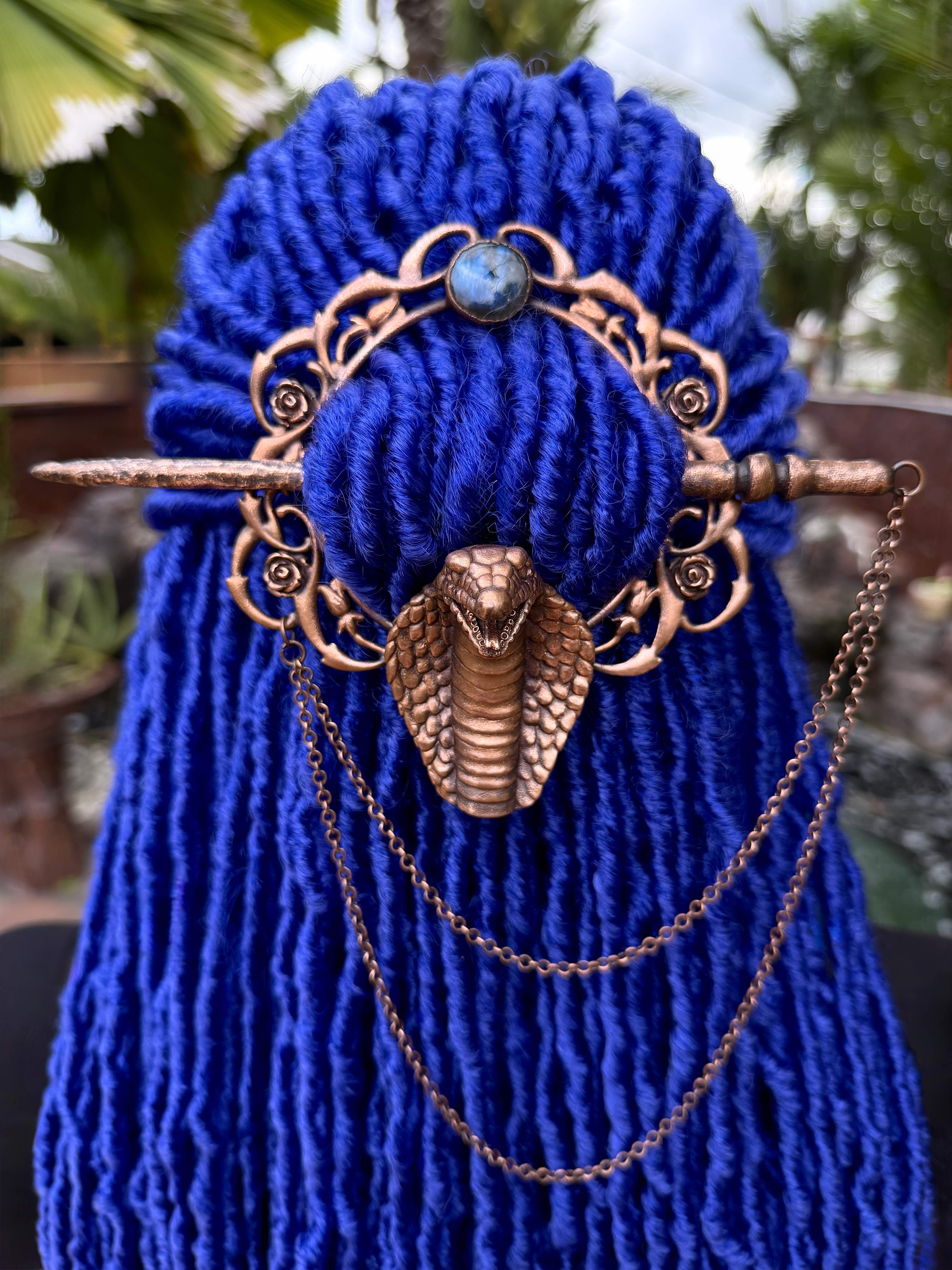 metal copper dreadlock hair ring, loc jewelry, dread accessories, dreadlock hair ring with labradorite cabochon, snake design, hair stick and chain