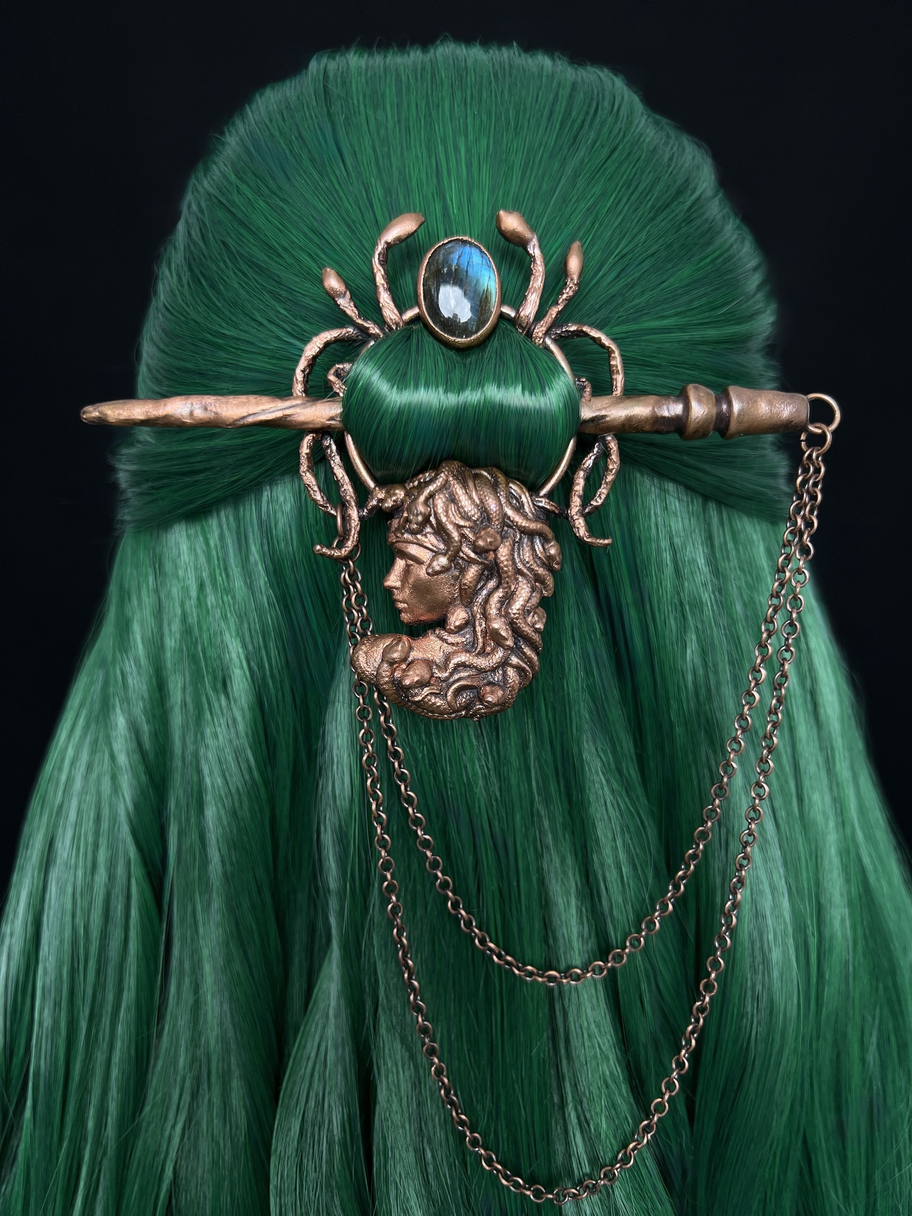 metal copper hair pin, hair clip with medusa design, labradorite gemstone, hair stick and chain