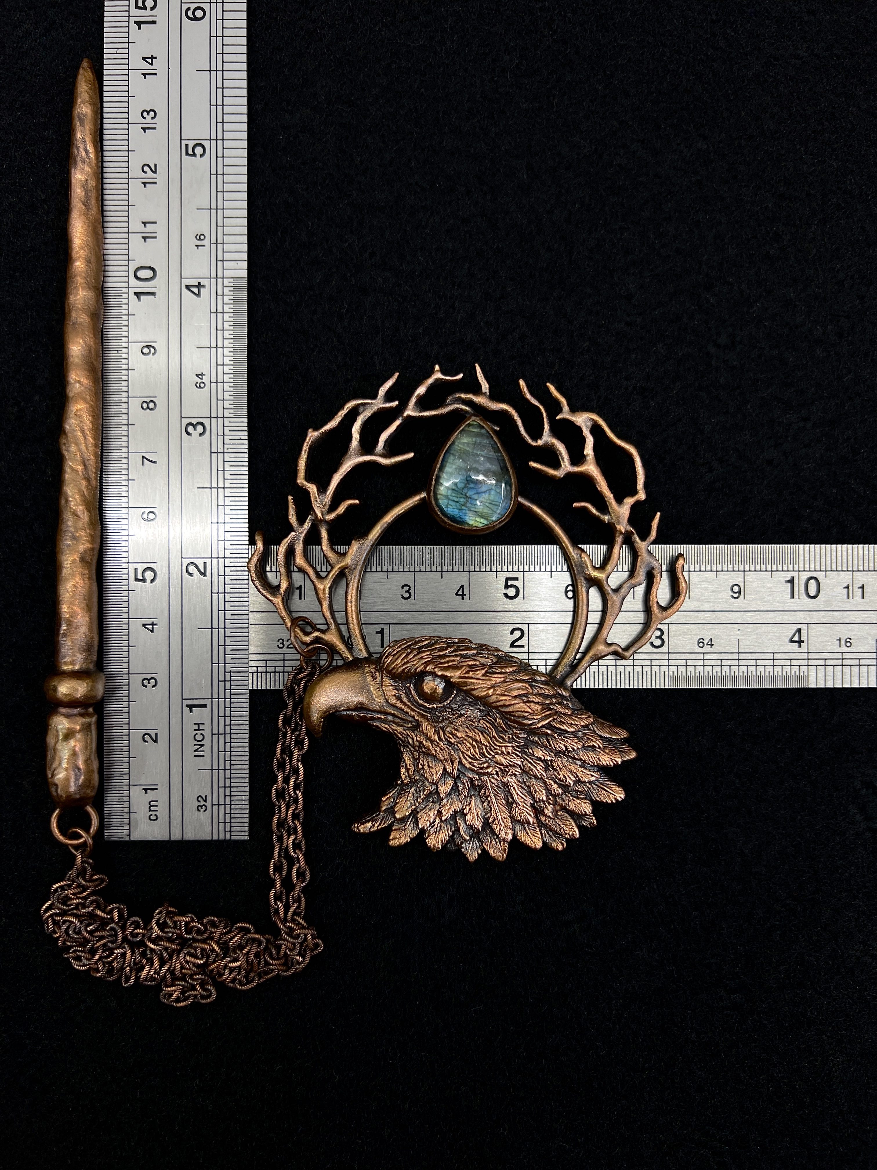 Copper hair jewelry, hair pin, hair clip, hair accessory with eagle design and labradorite gemstone
