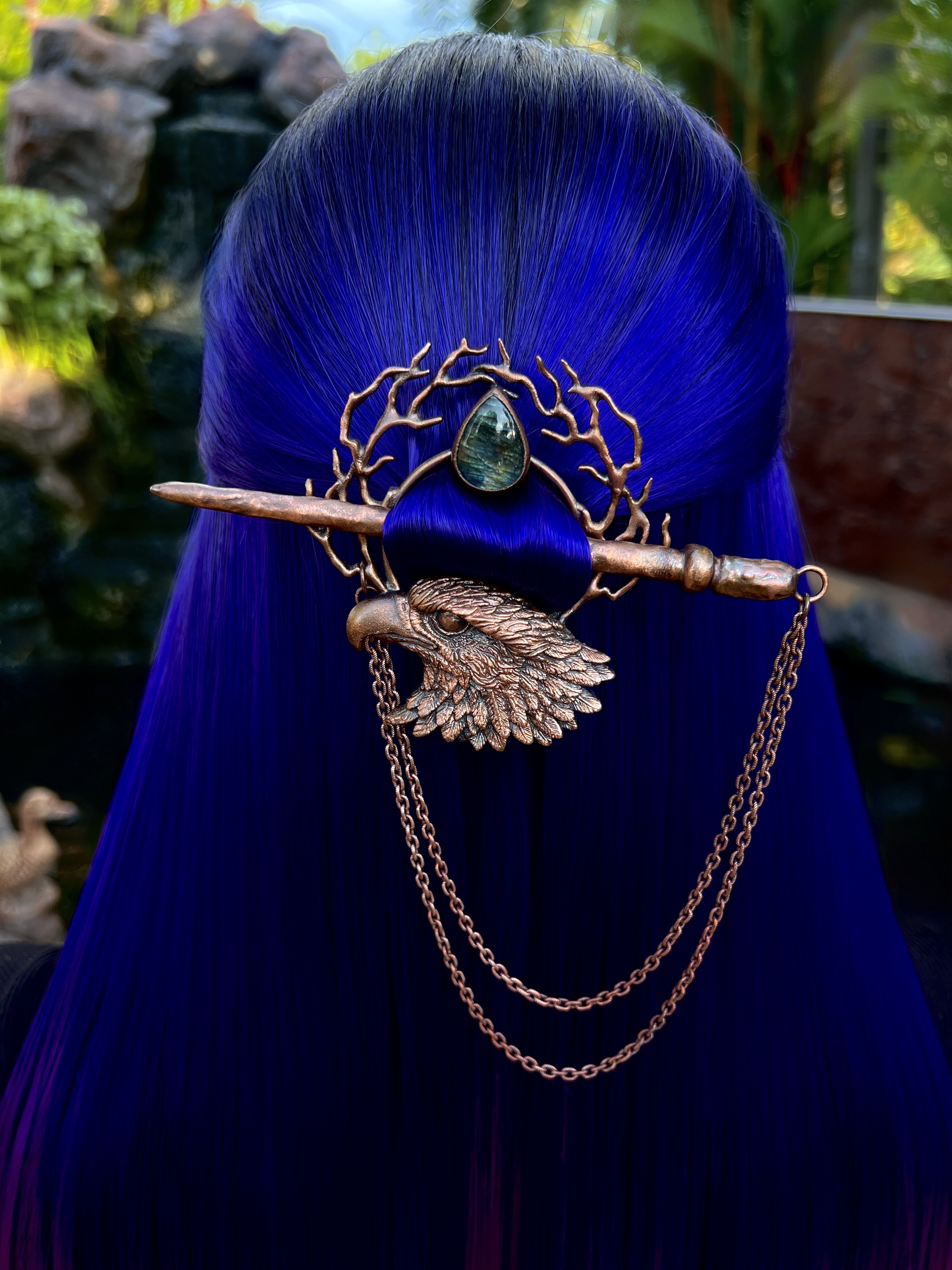 Copper hair jewelry, hairpin, hair clip, hair barrette with eagle design and labradorite gemstone