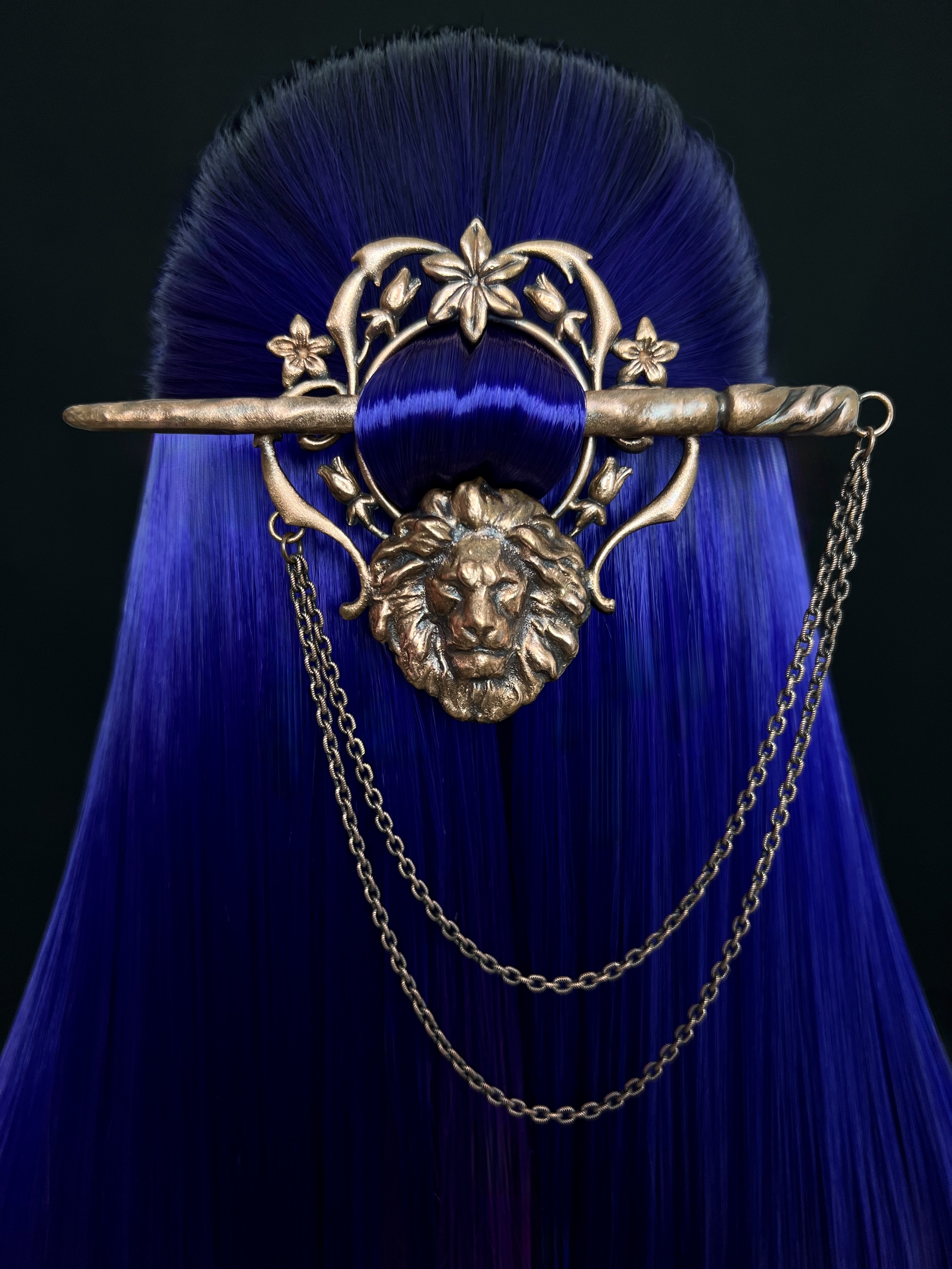 metal hair pin, hair clip, barrette with lion design, hair stick and chain